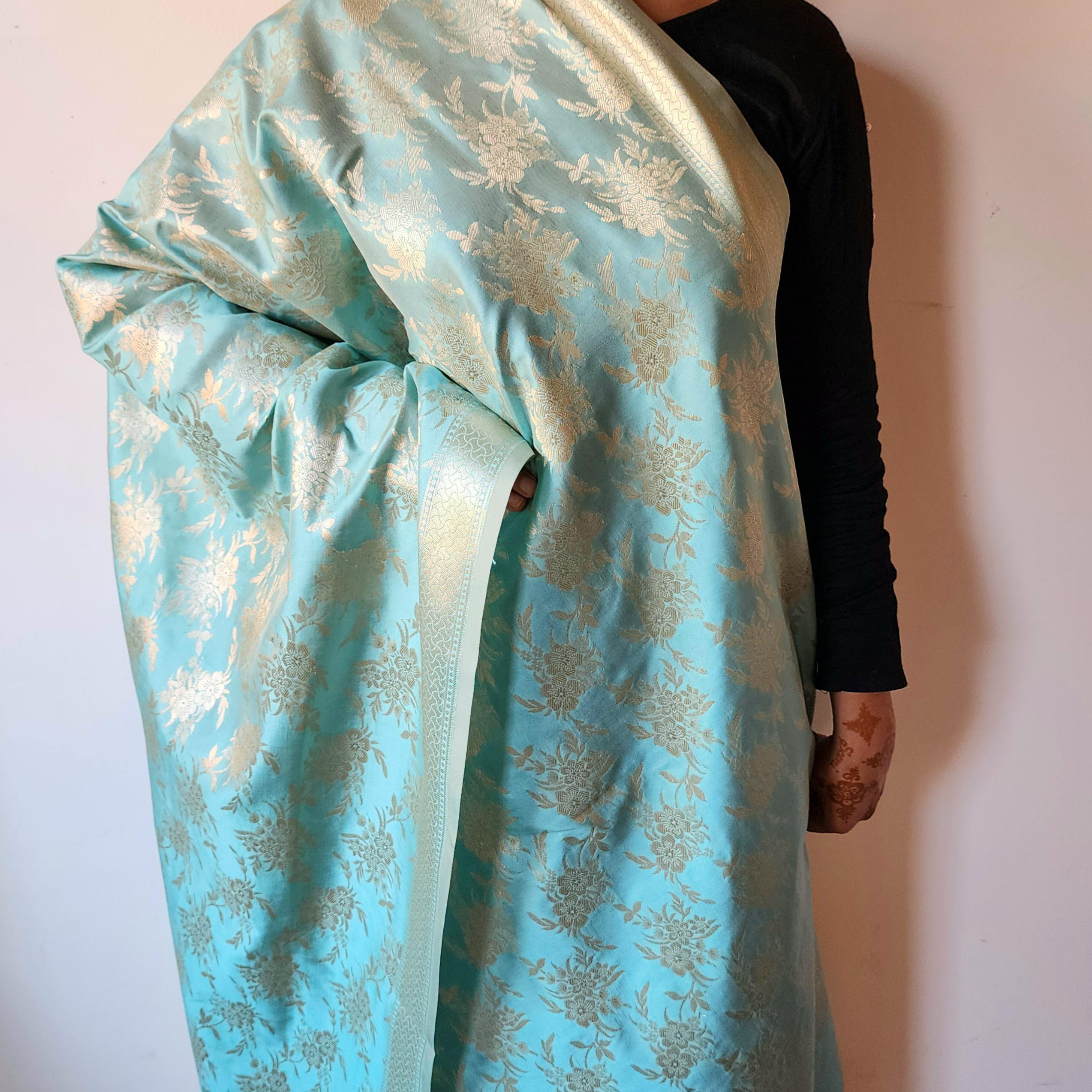 Pastel Sky Blue Banarasi Dupatta Soft Gold Floral Brocade, Effortlessly Regal