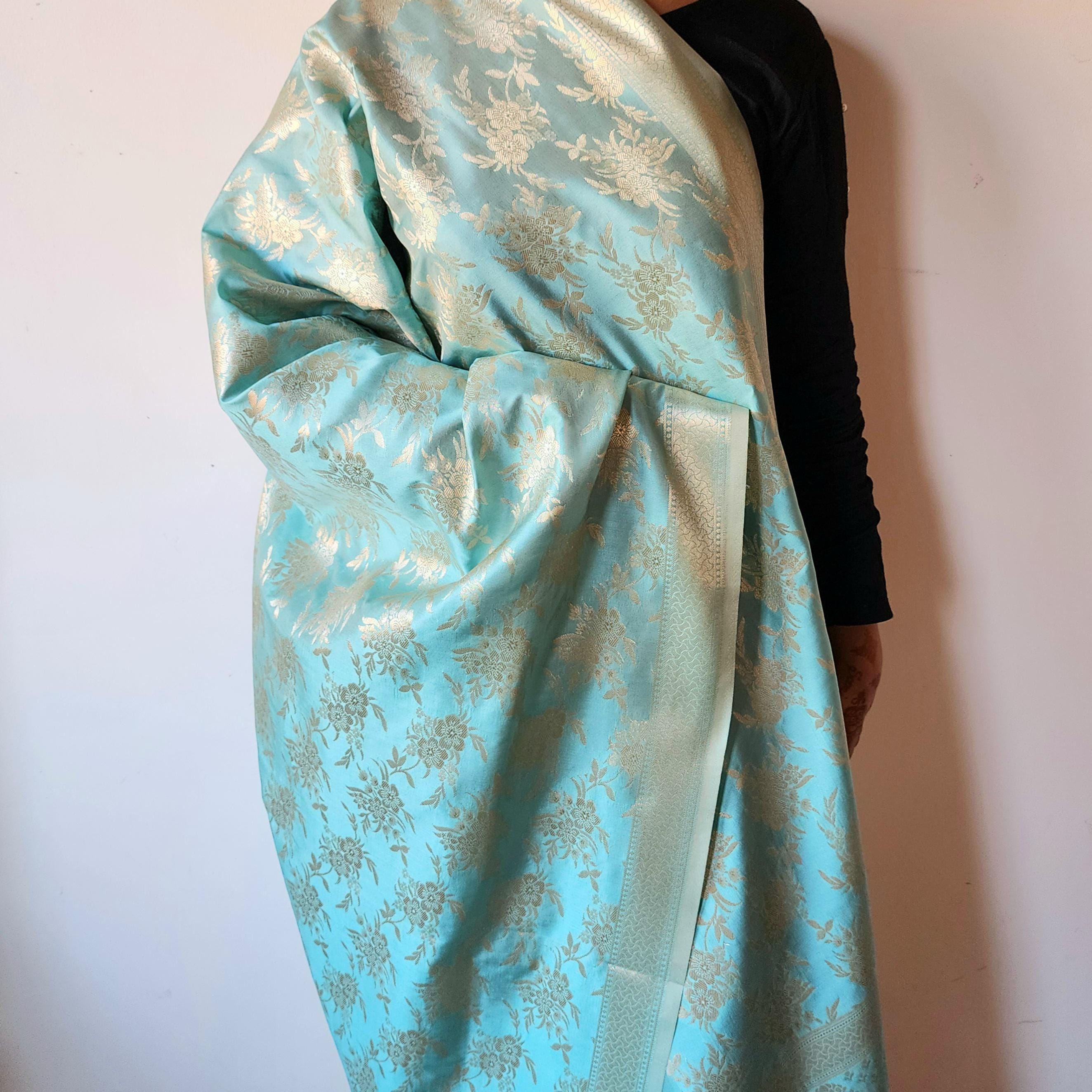 Pastel Sky Blue Banarasi Dupatta Soft Gold Floral Brocade, Effortlessly Regal