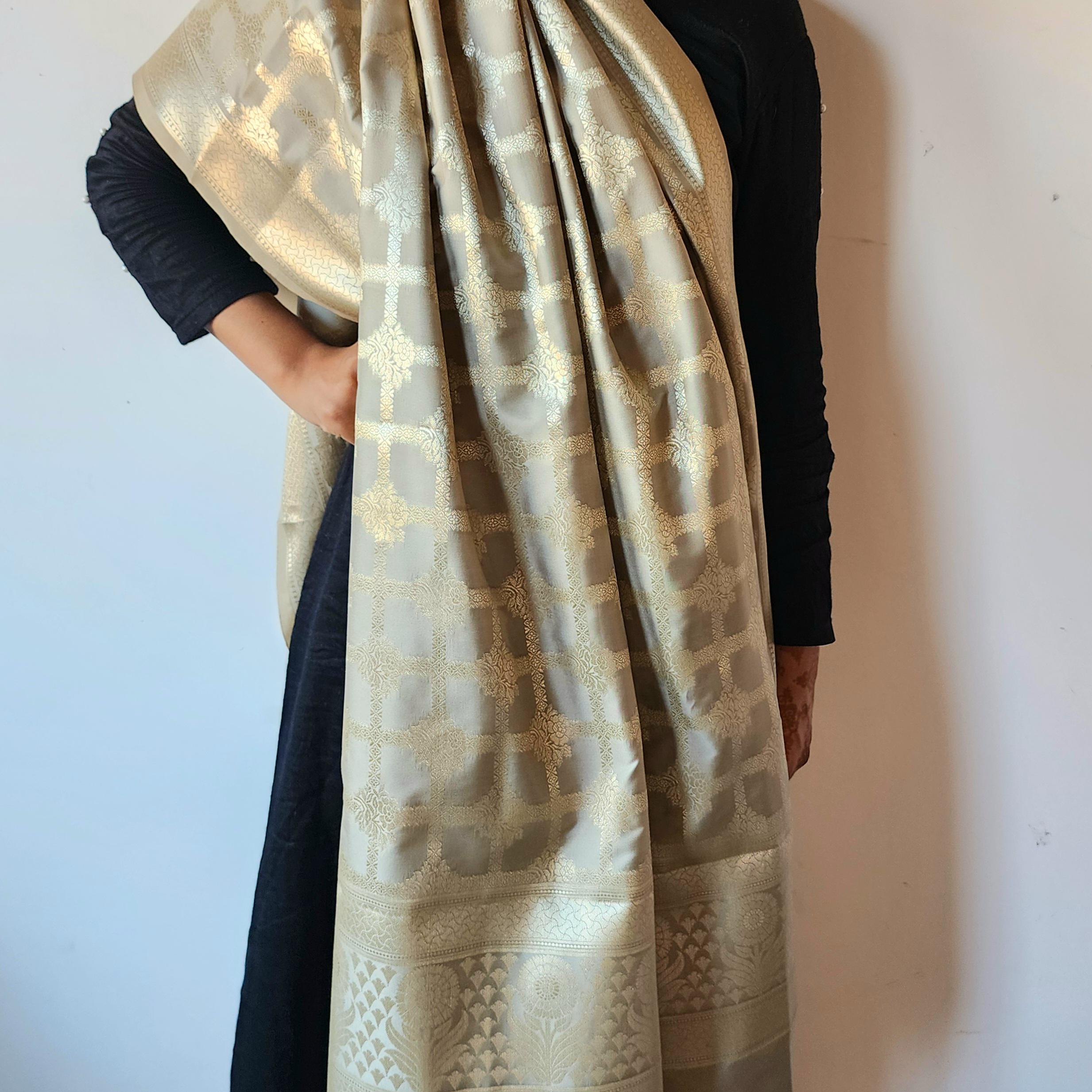 Taupe Grey Banarasi Dupatta Golden Geometric Design, Subtle Sophistication