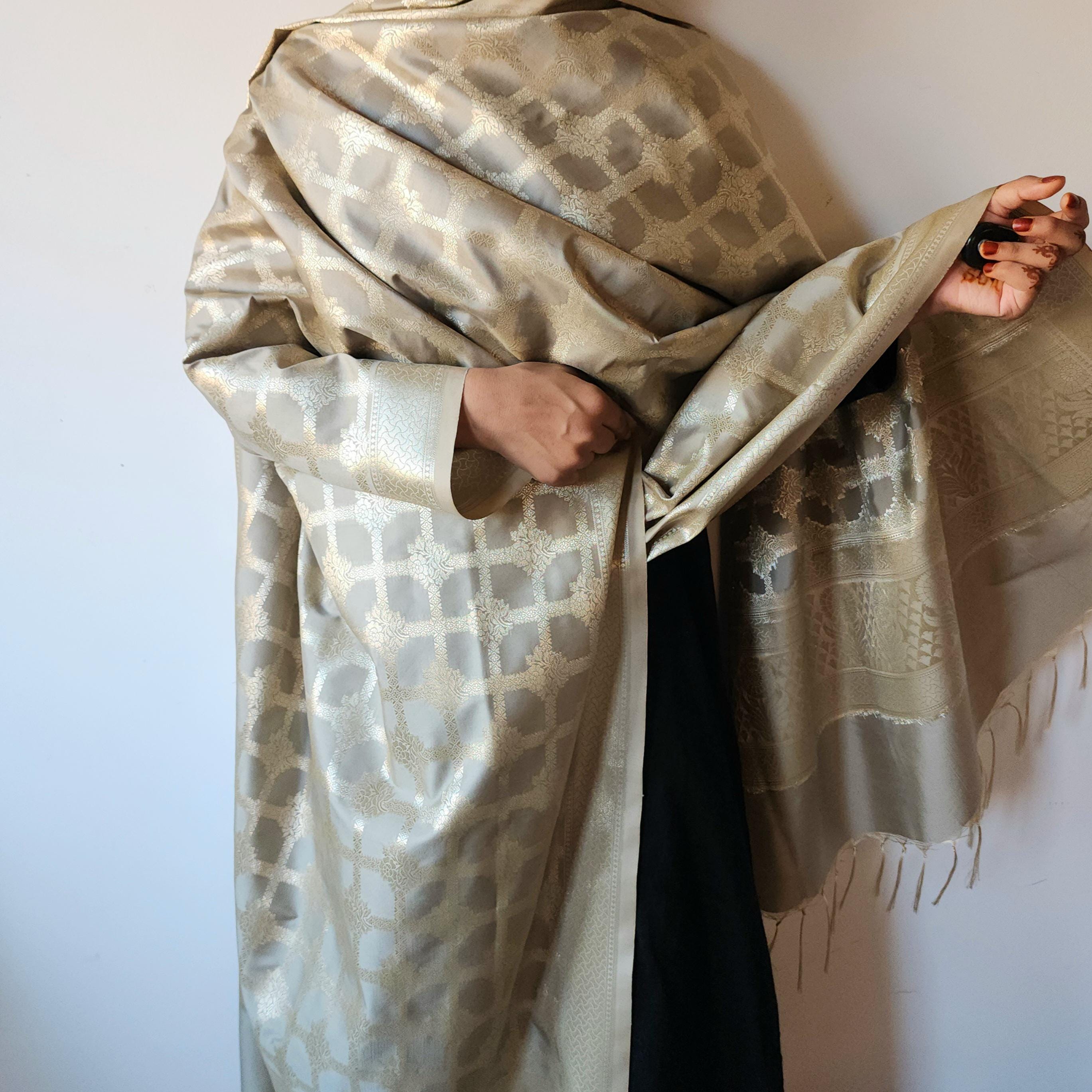 Taupe Grey Banarasi Dupatta Golden Geometric Design, Subtle Sophistication