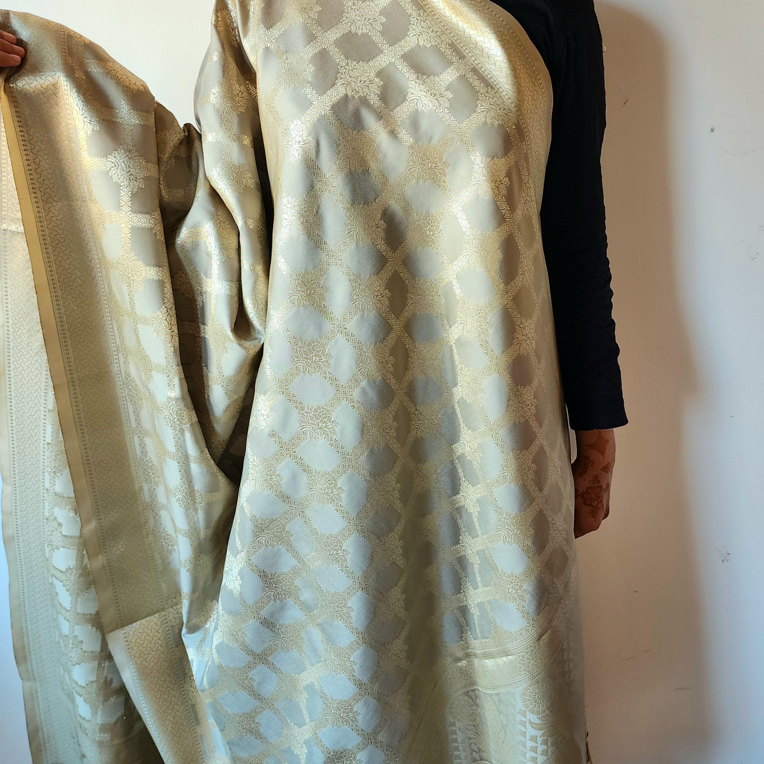 Taupe Grey Banarasi Dupatta Golden Geometric Design, Subtle Sophistication