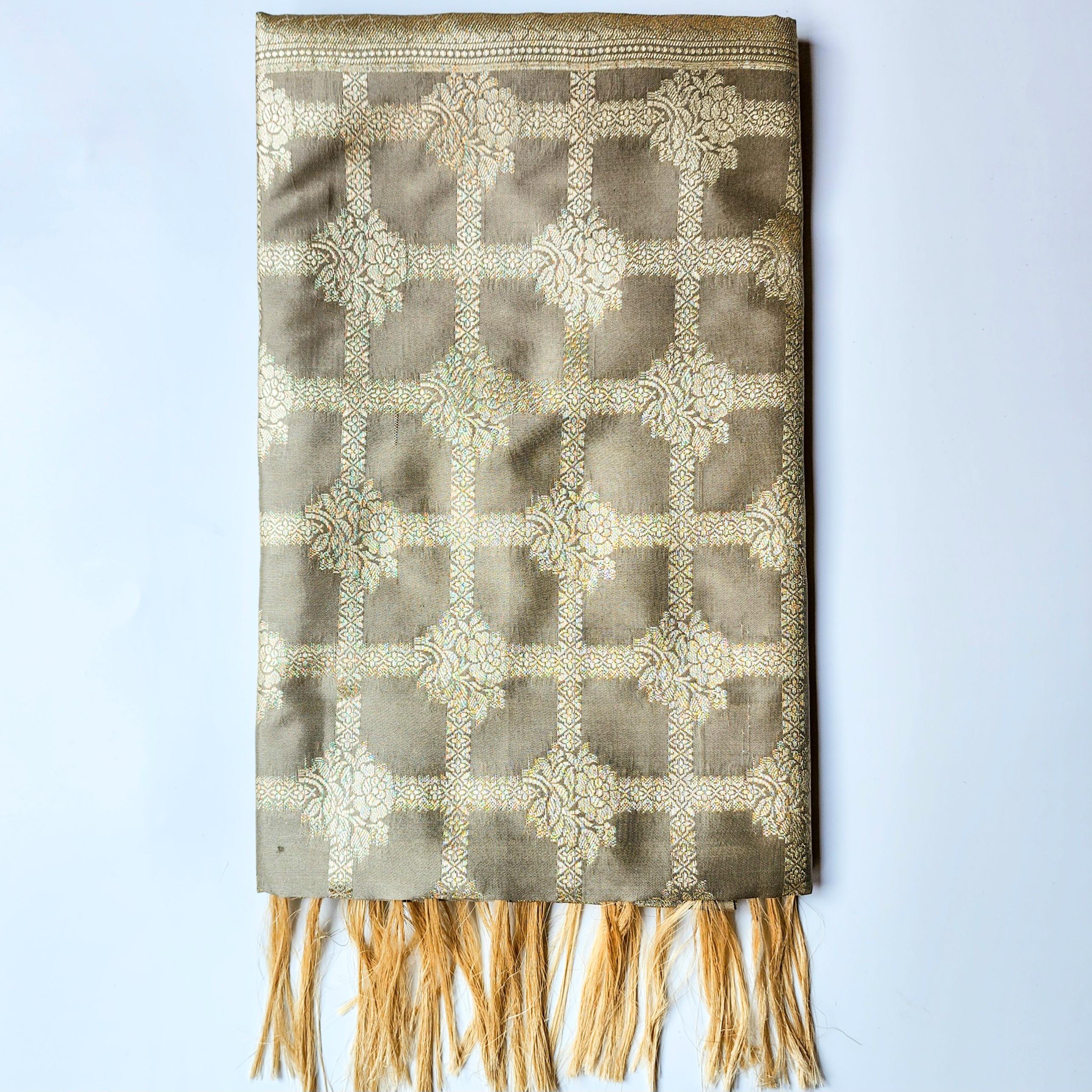 Taupe Grey Banarasi Dupatta Golden Geometric Design, Subtle Sophistication