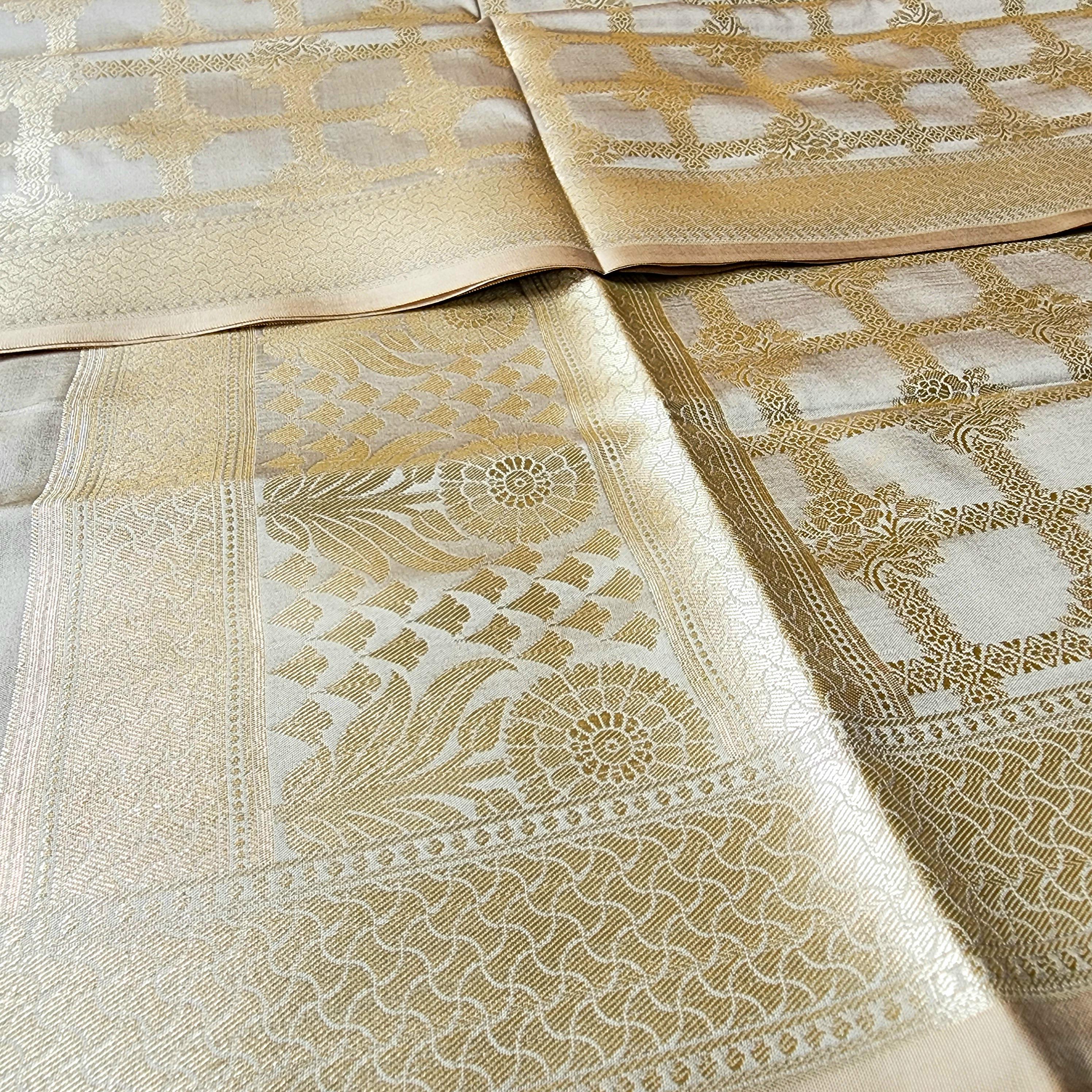 Taupe Grey Banarasi Dupatta Golden Geometric Design, Subtle Sophistication