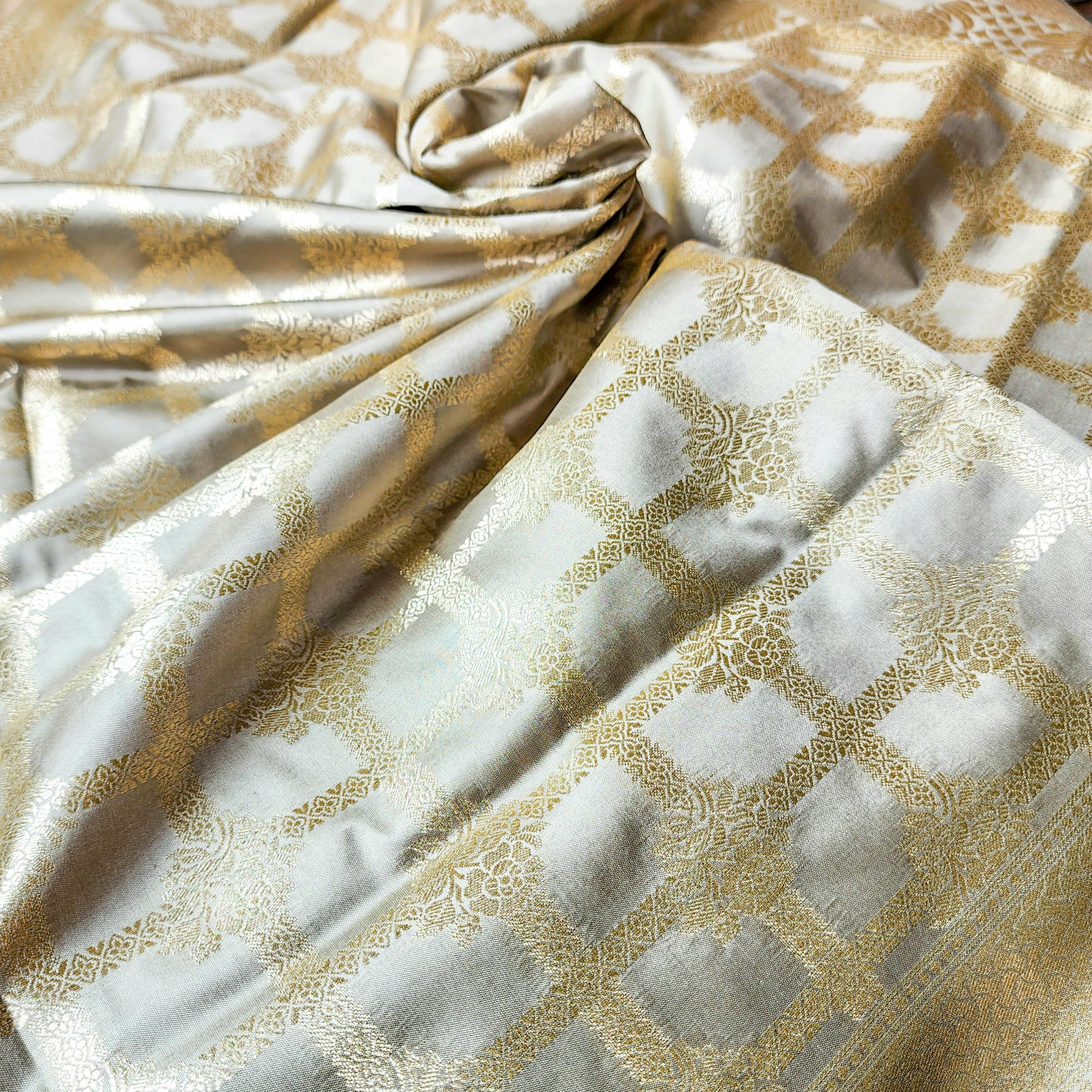 Taupe Grey Banarasi Dupatta Golden Geometric Design, Subtle Sophistication