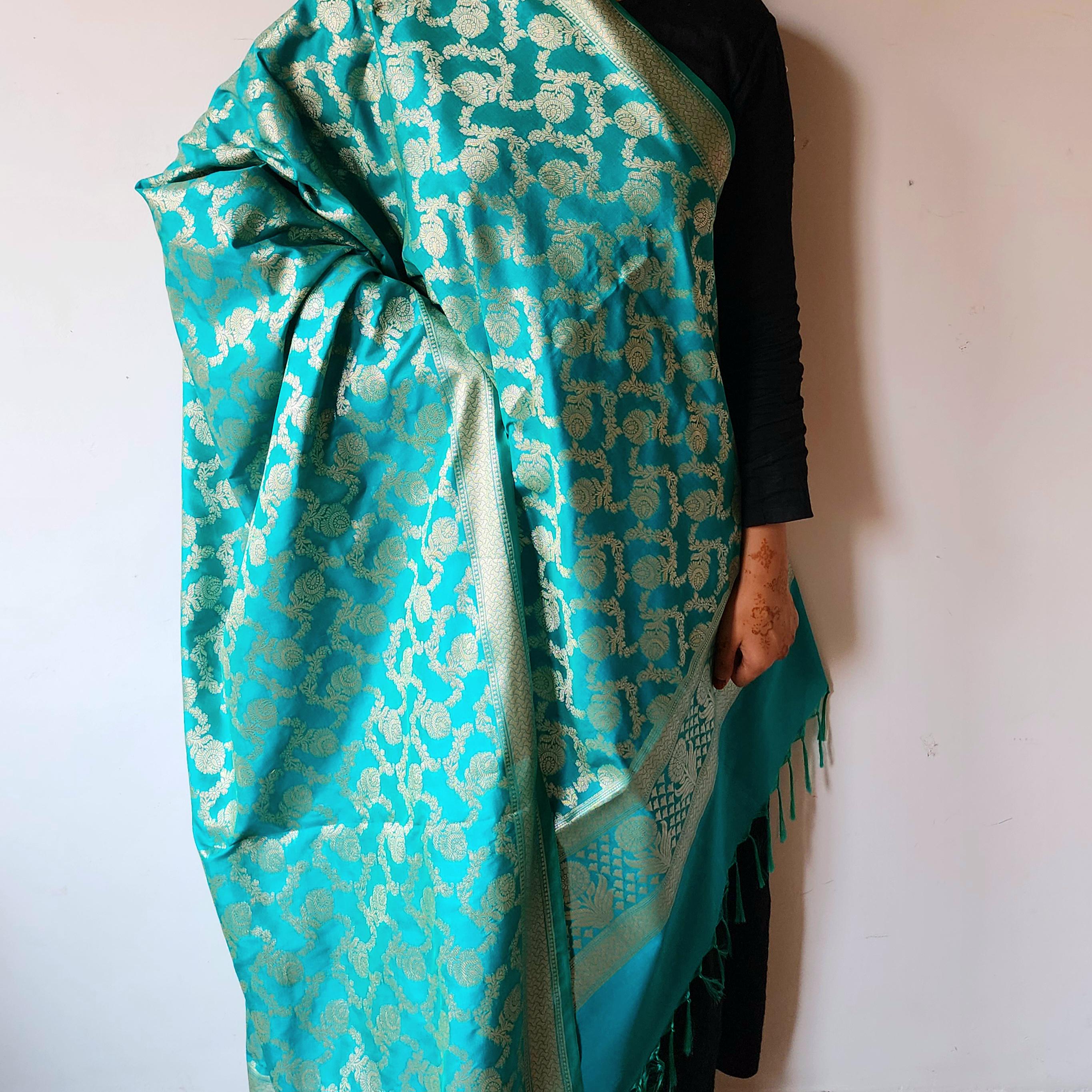 Teal Green Floral Jaal Dupatta with Mughal-Inspired Zari Border