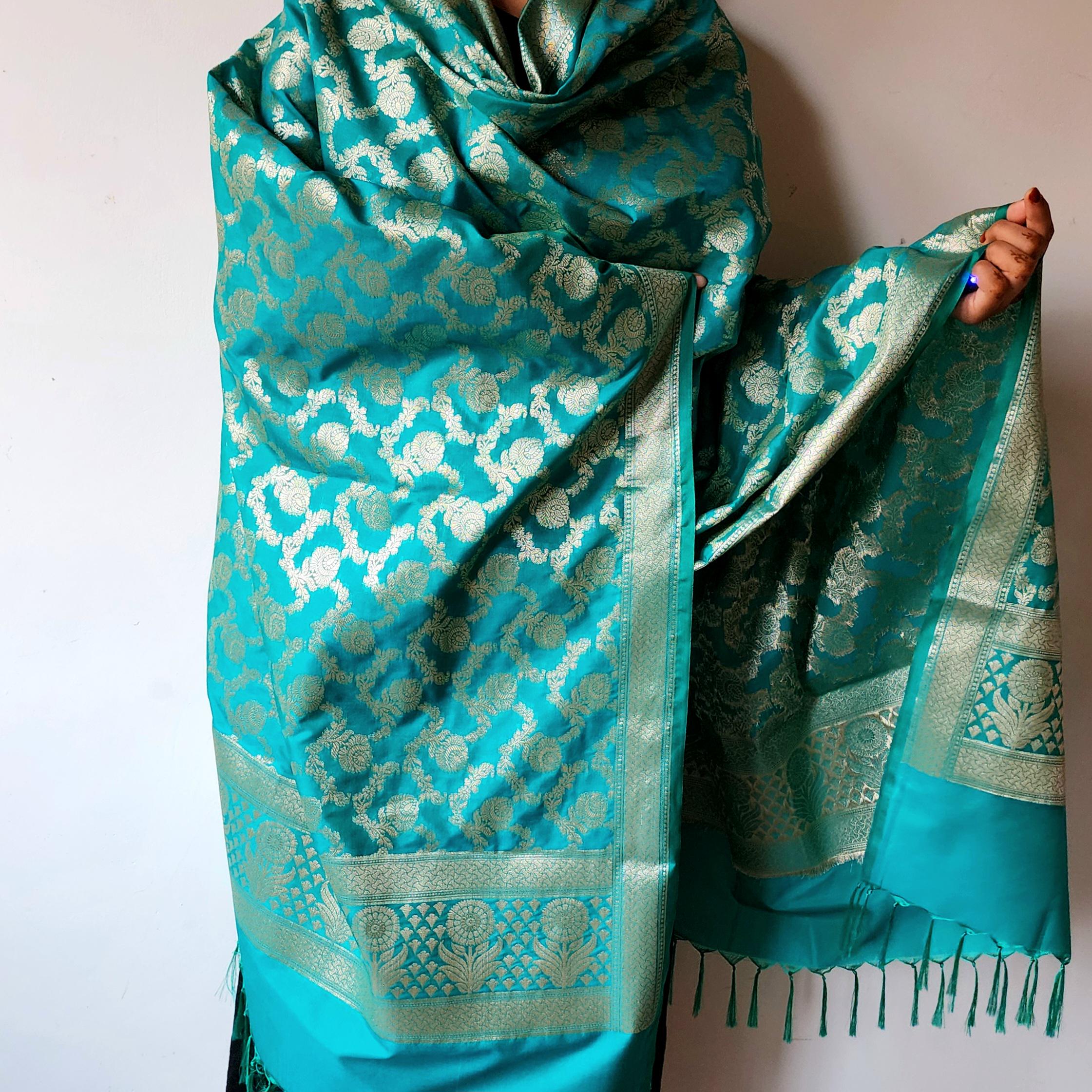 Teal Green Floral Jaal Dupatta with Mughal-Inspired Zari Border