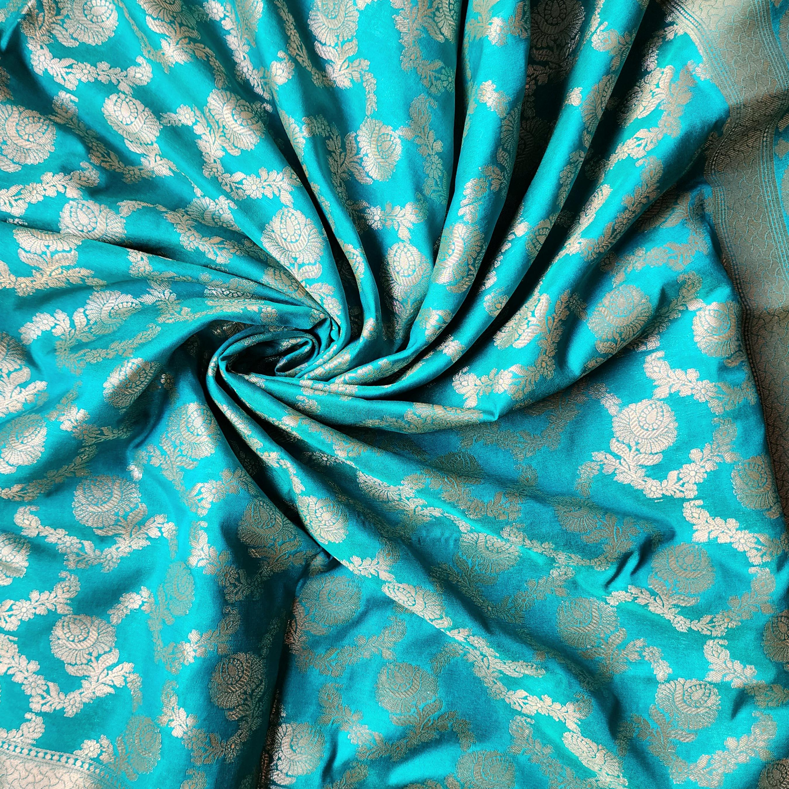 Teal Green Floral Jaal Dupatta with Mughal-Inspired Zari Border