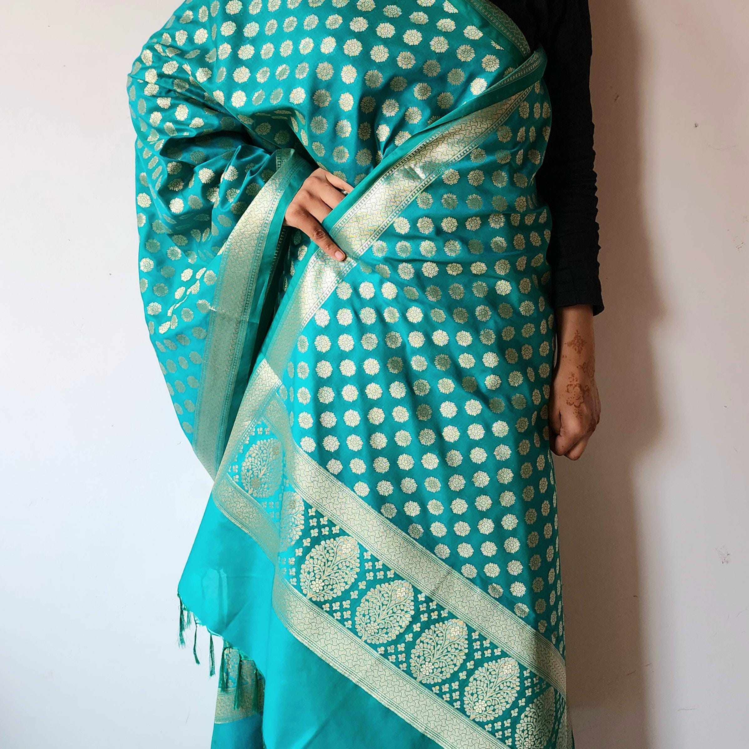 Turquoise Blue Banarasi Dupatta Golden Butti Work, Bright & Refreshing