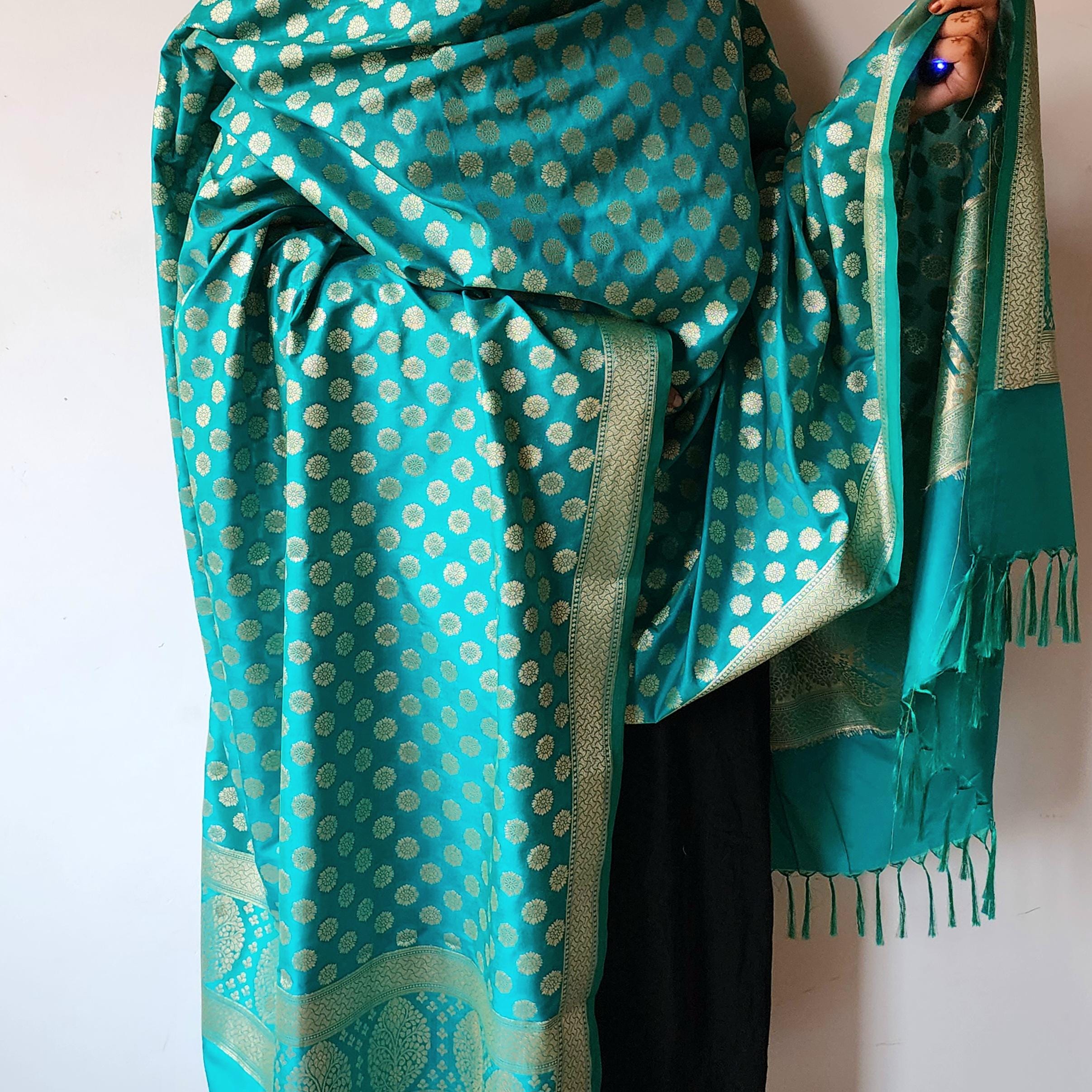 Turquoise Blue Banarasi Dupatta Golden Butti Work, Bright & Refreshing