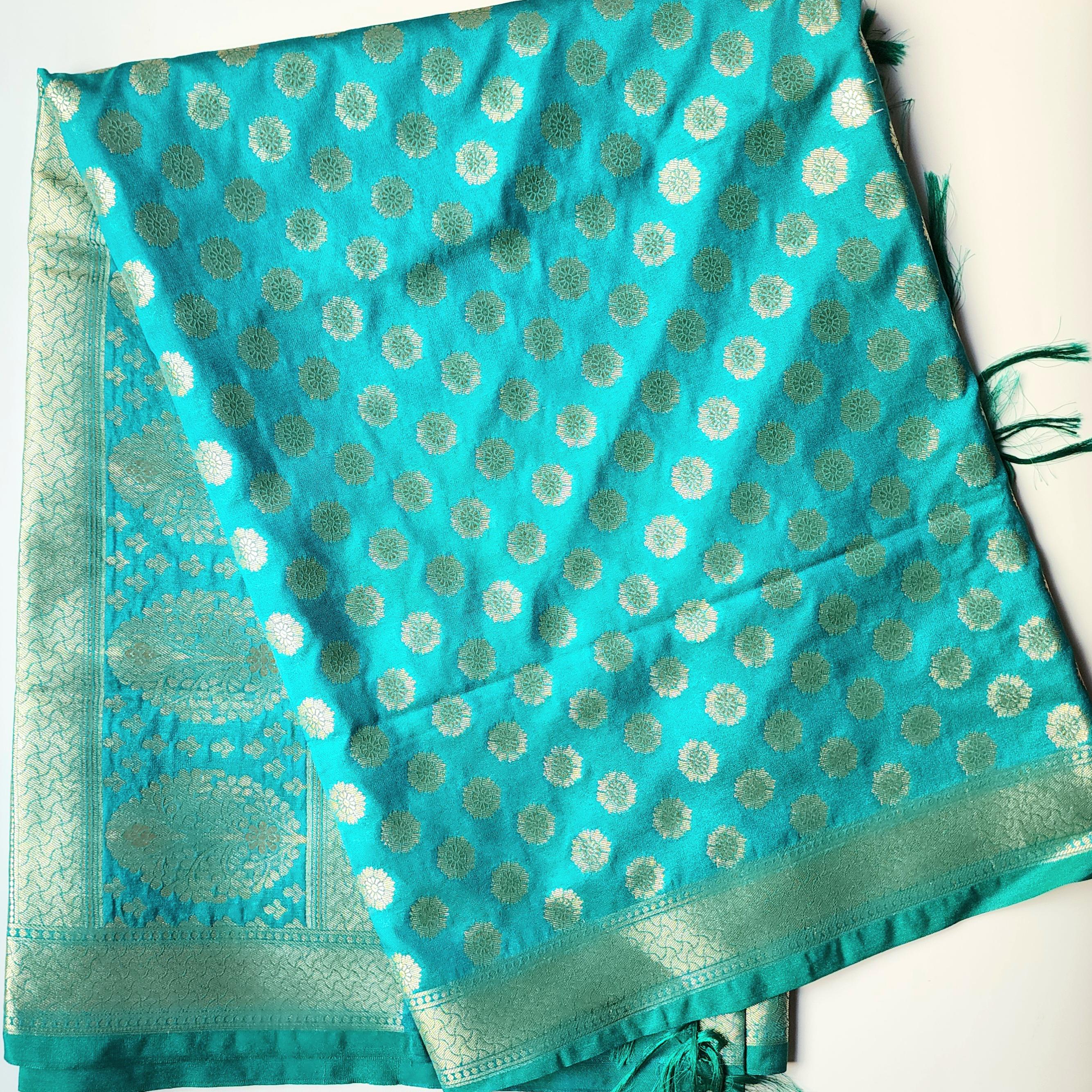 Turquoise Blue Banarasi Dupatta Golden Butti Work, Bright & Refreshing