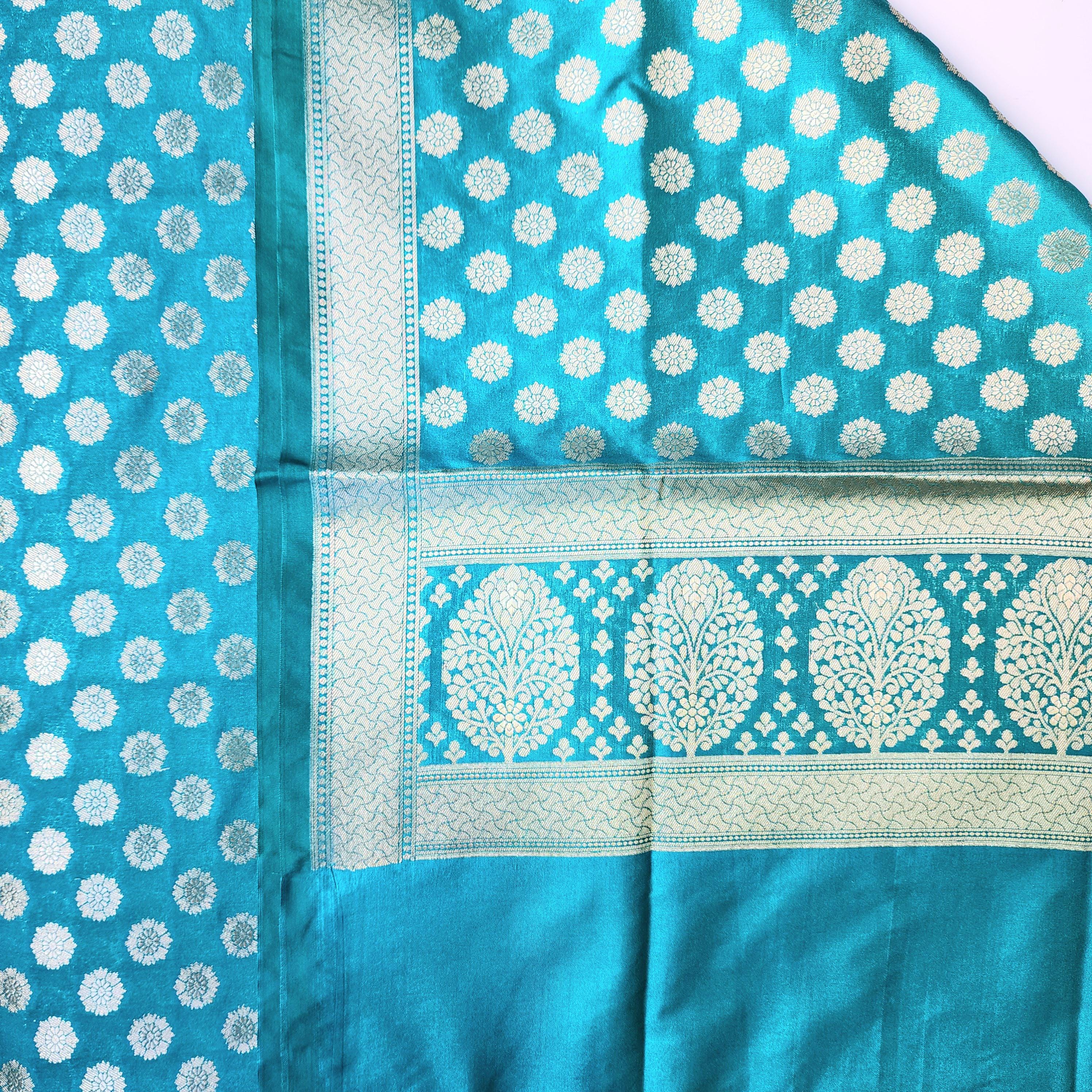 Turquoise Blue Banarasi Dupatta Golden Butti Work, Bright & Refreshing