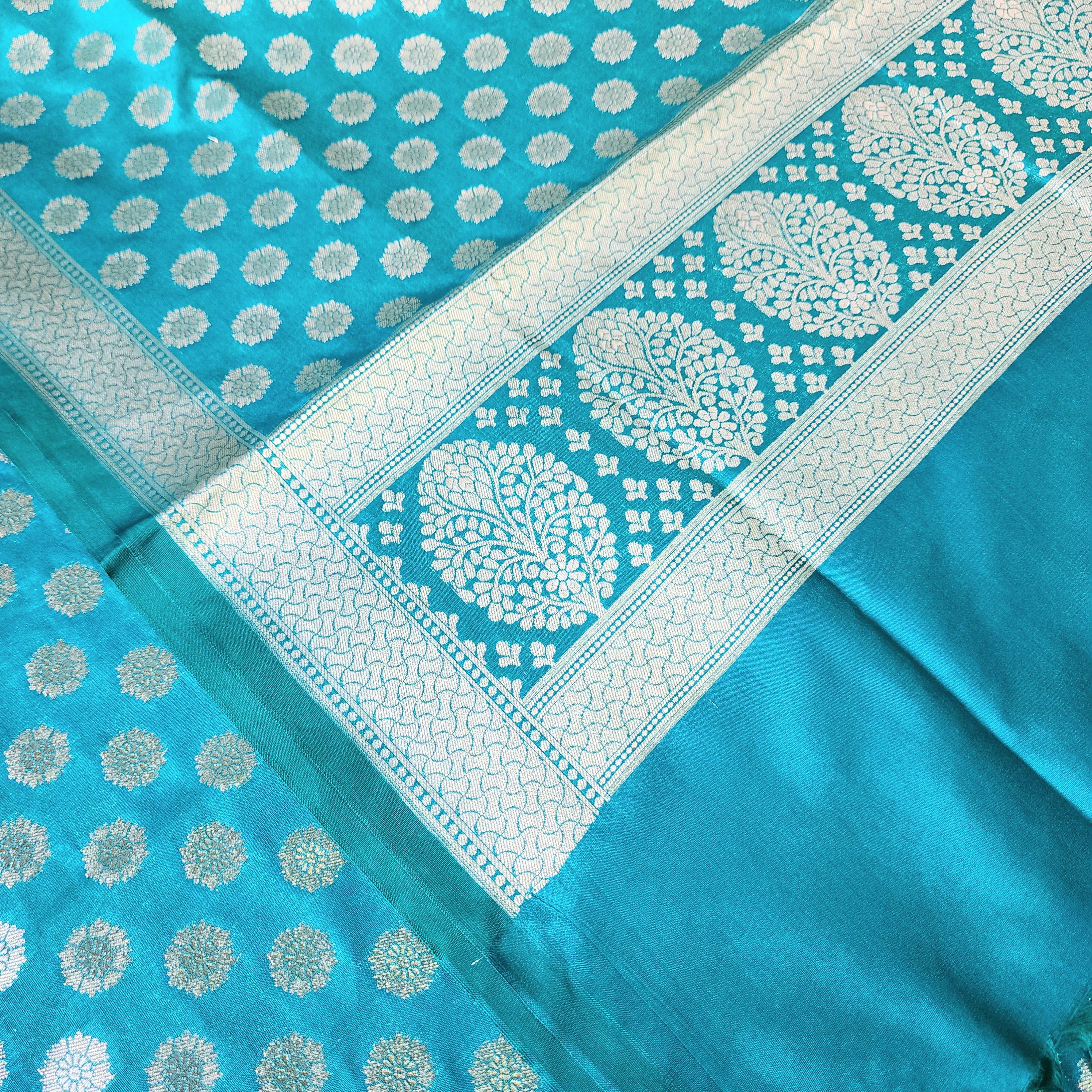 Turquoise Blue Banarasi Dupatta Golden Butti Work, Bright & Refreshing