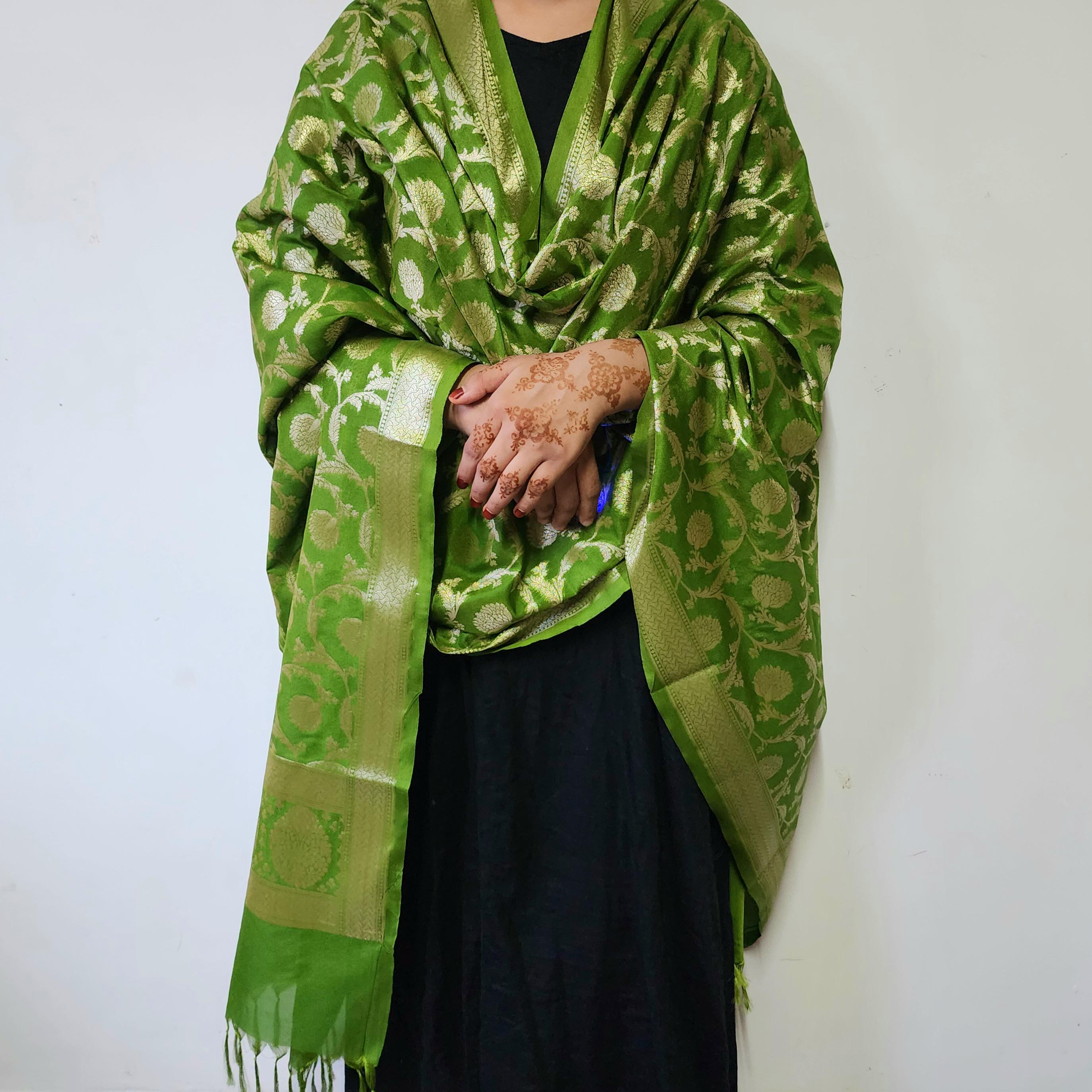 Vibrant Parrot Green Banarasi Dupatta - Zari Blossom Motifs