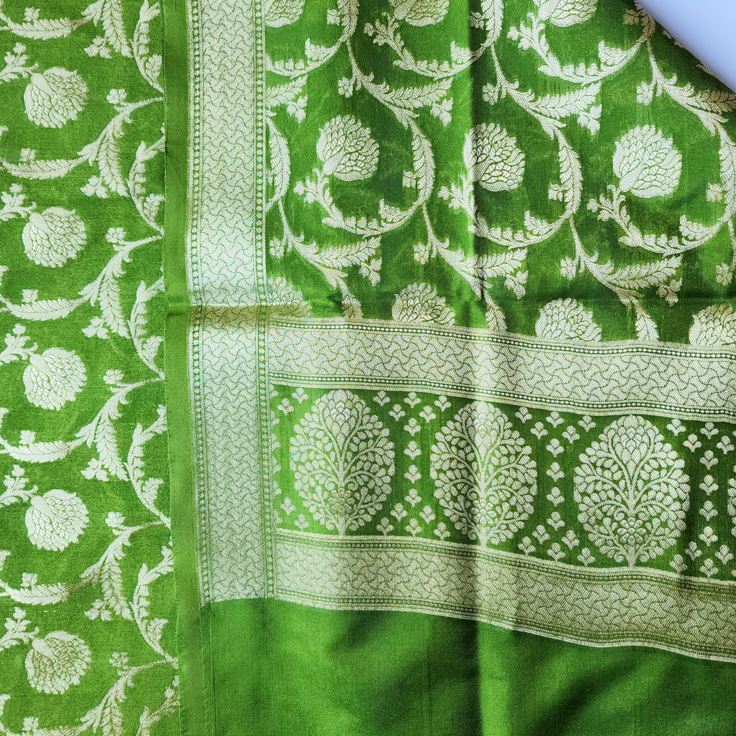 Vibrant Parrot Green Banarasi Dupatta - Zari Blossom Motifs