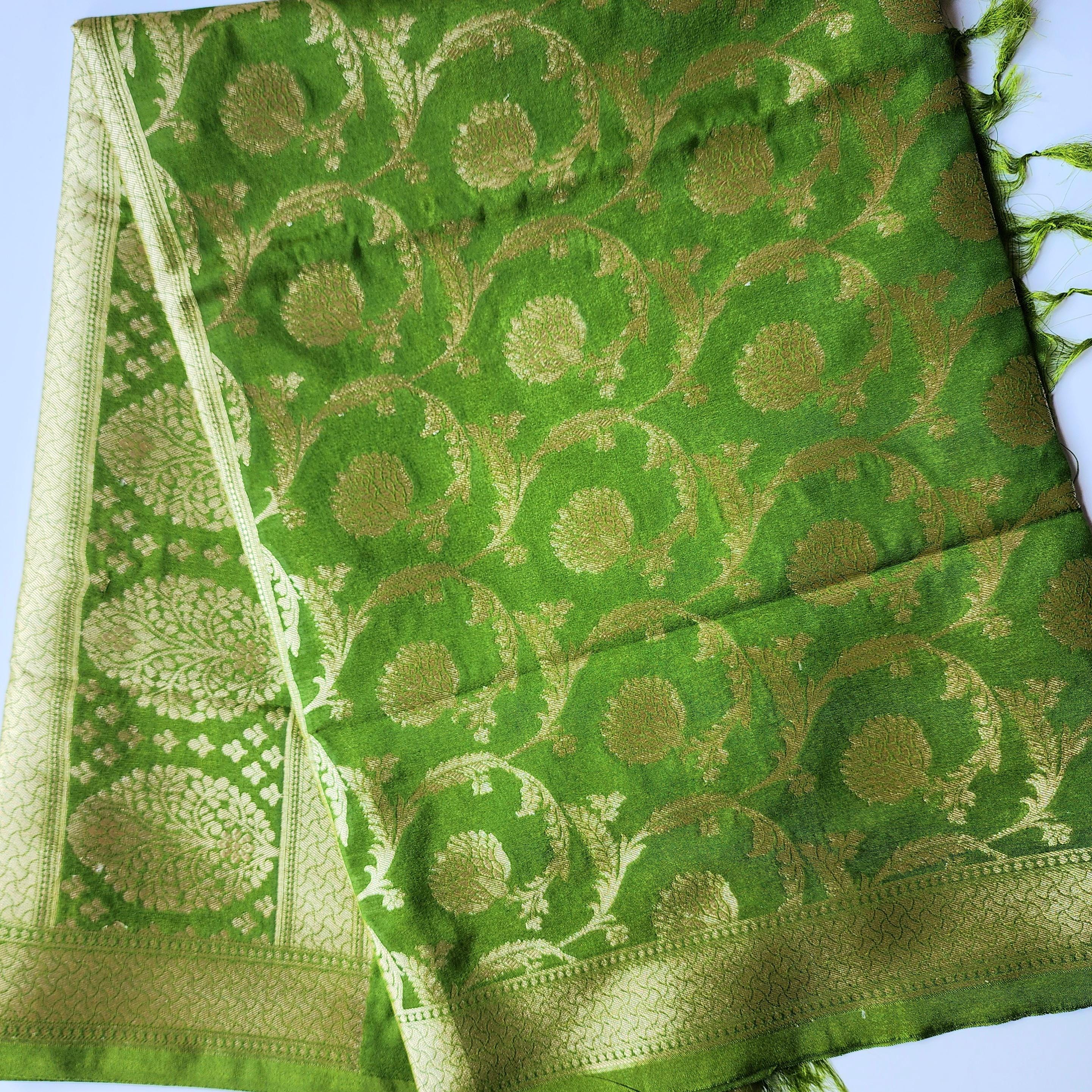 Vibrant Parrot Green Banarasi Dupatta - Zari Blossom Motifs