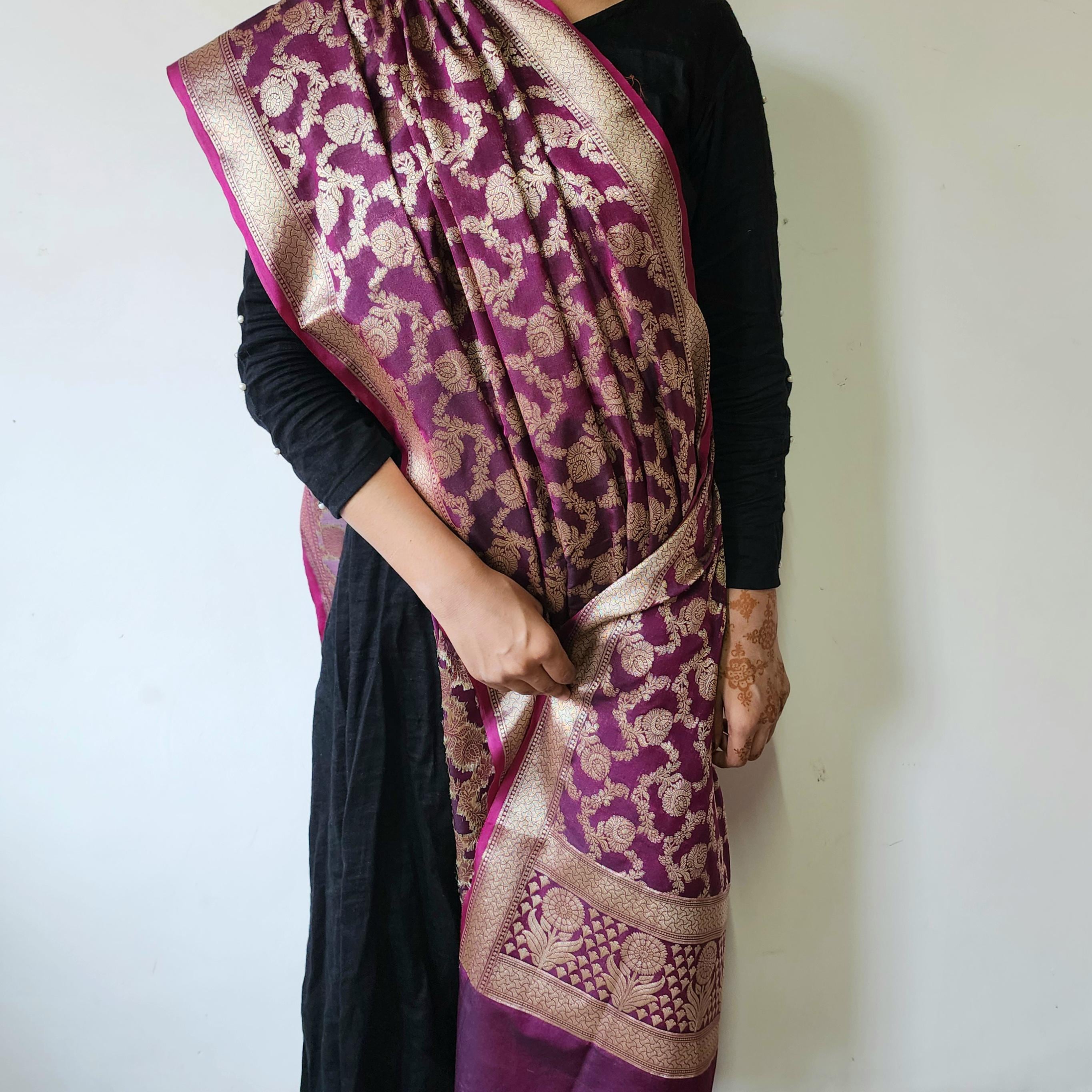 Wine Banarasi Dupatta Gold Floral Brocade, Purple Evening Look