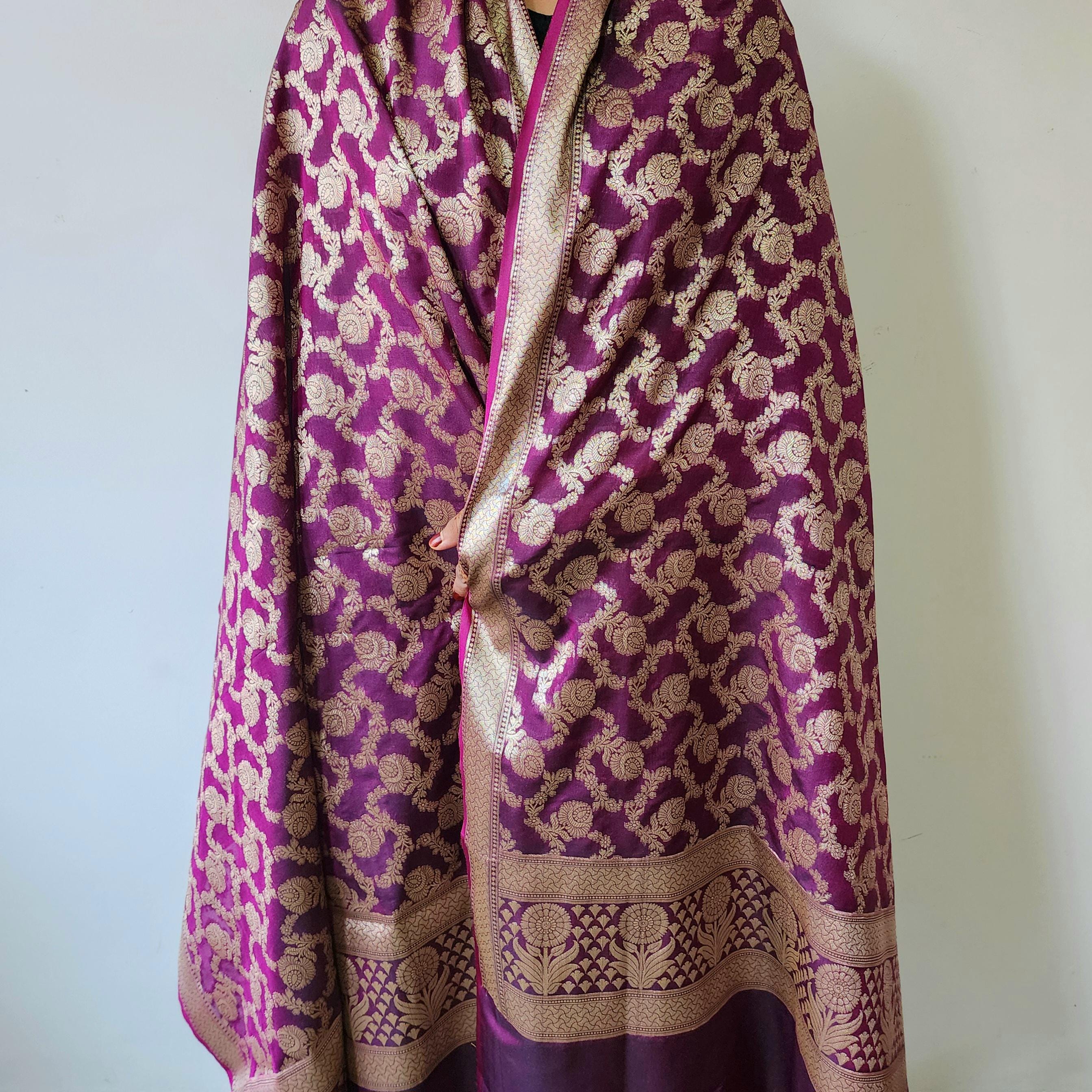 Wine Banarasi Dupatta Gold Floral Brocade, Purple Evening Look