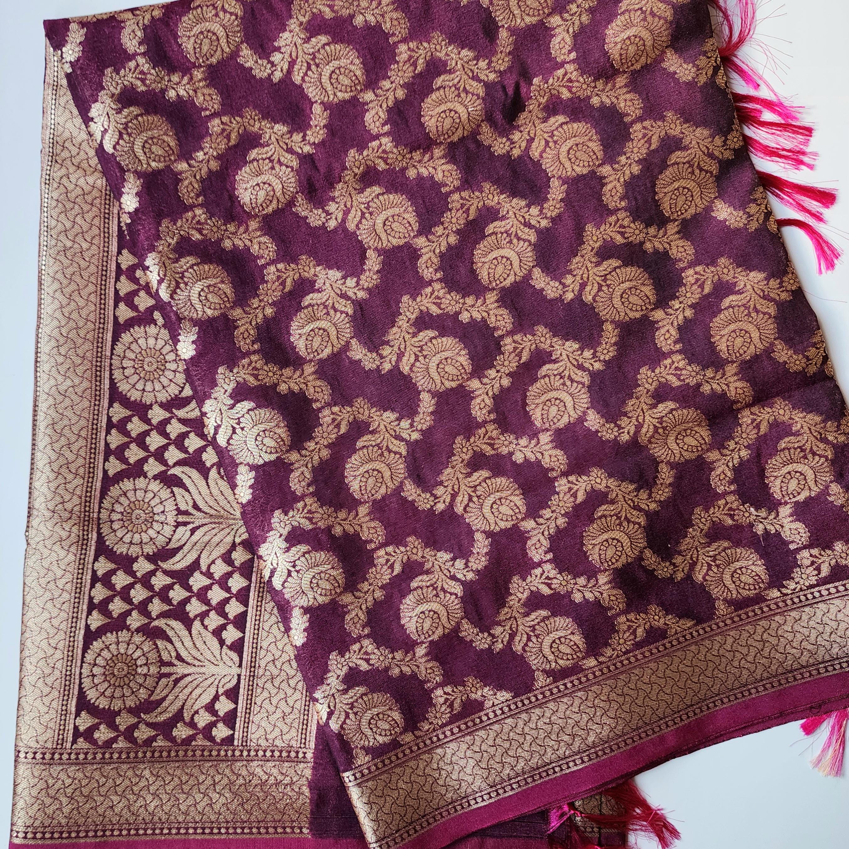 Wine Banarasi Dupatta Gold Floral Brocade, Purple Evening Look