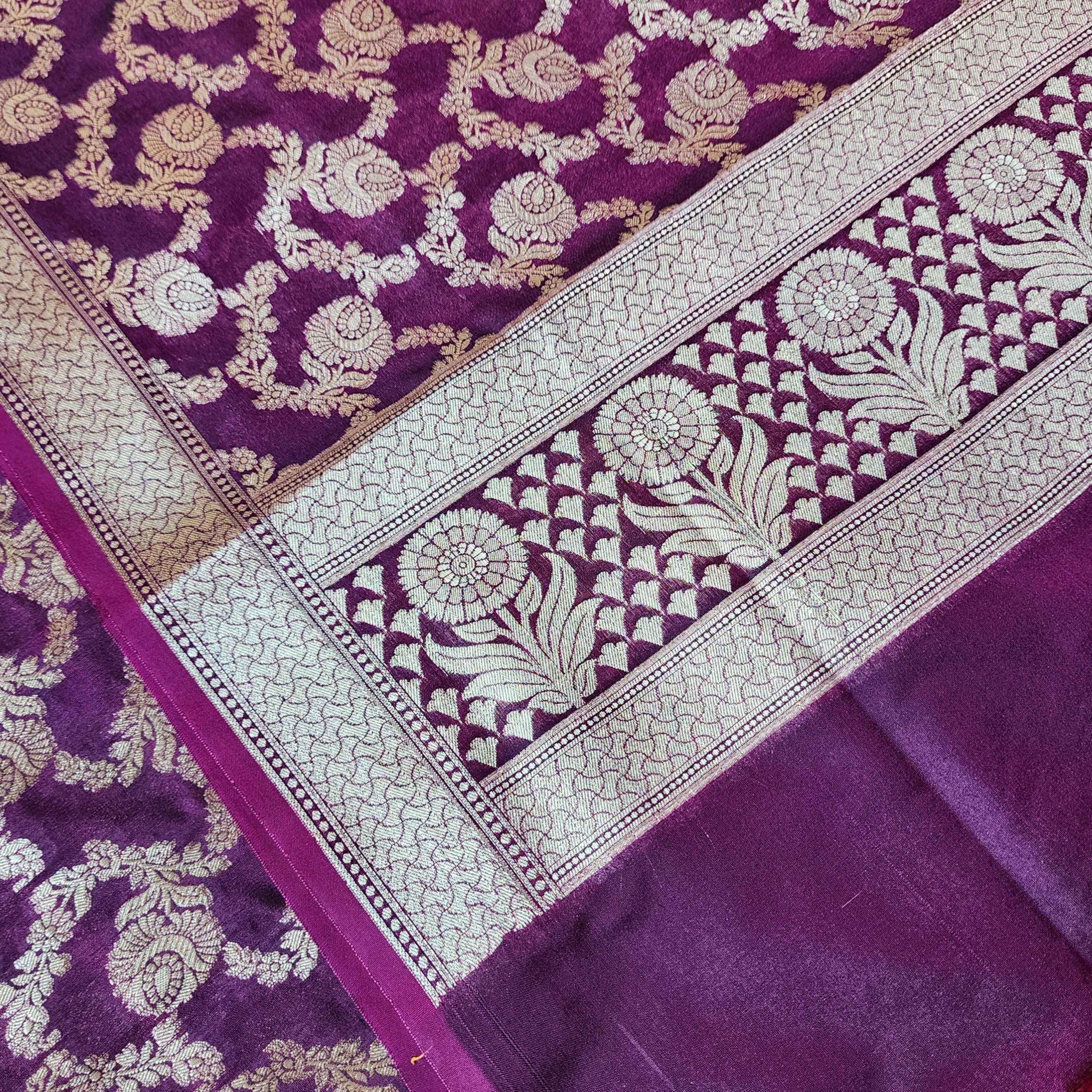Wine Banarasi Dupatta Gold Floral Brocade, Purple Evening Look