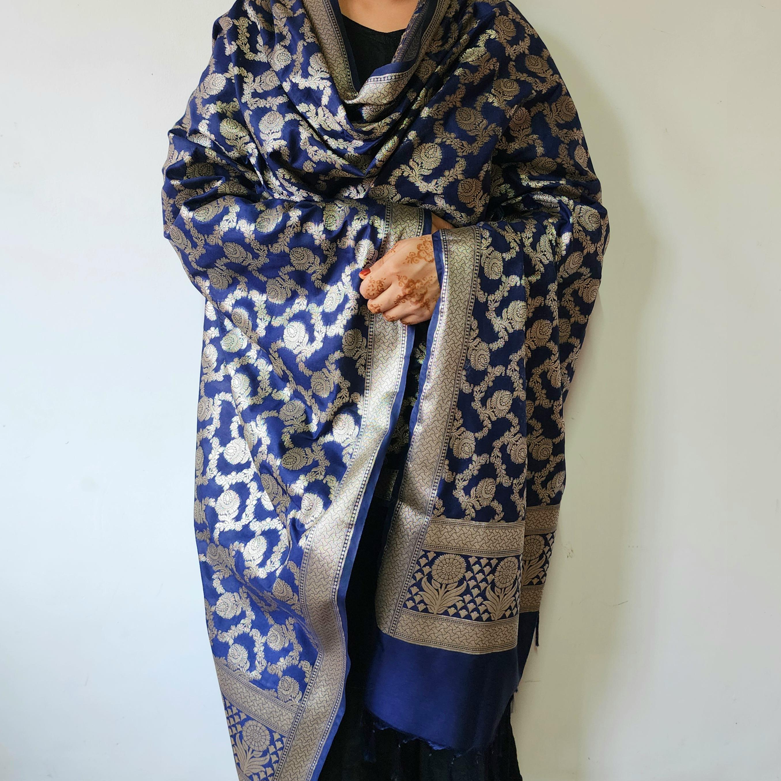 Navy Blue Banarasi Dupatta Golden Floral Zari, Royal Heritage Look