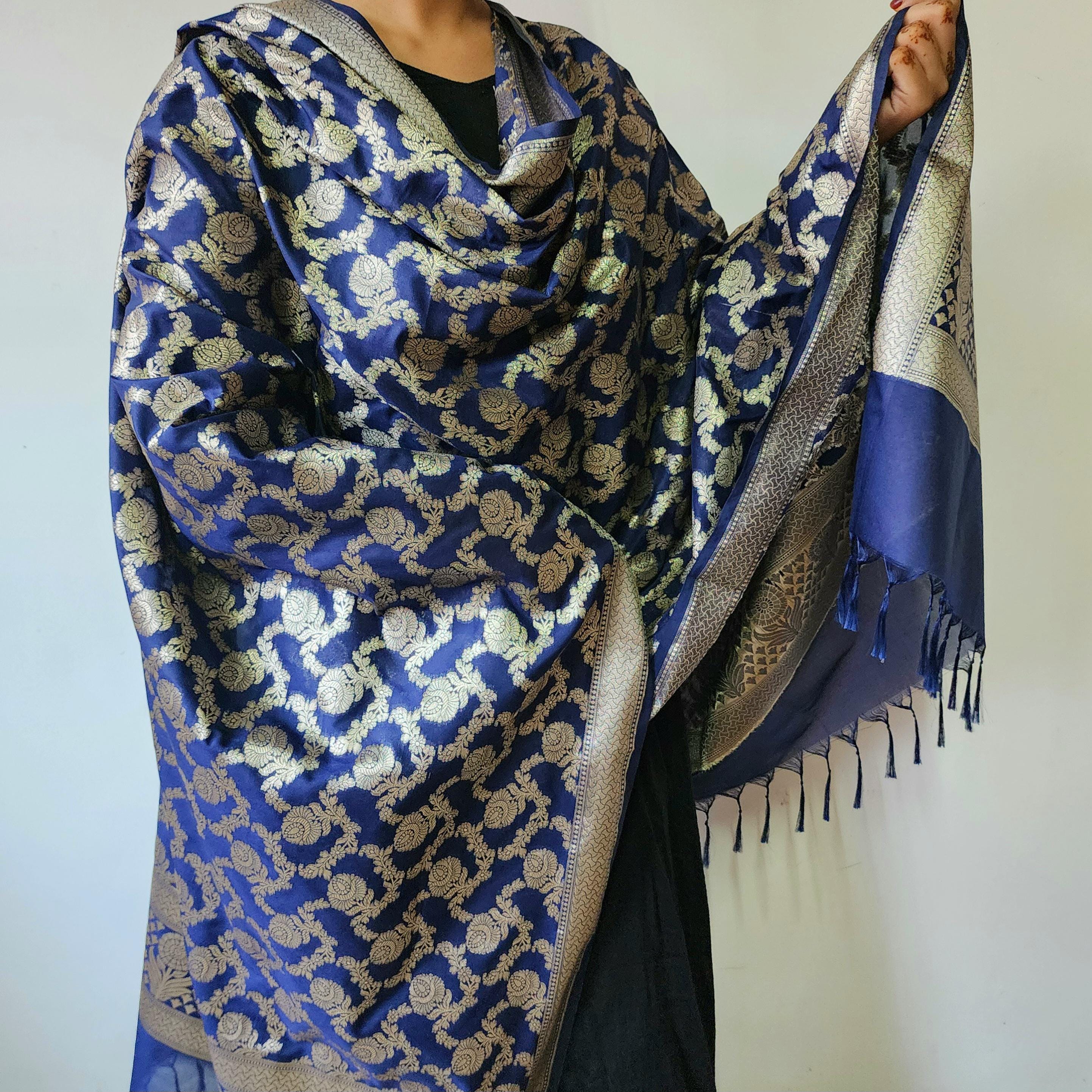 Navy Blue Banarasi Dupatta Golden Floral Zari, Royal Heritage Look