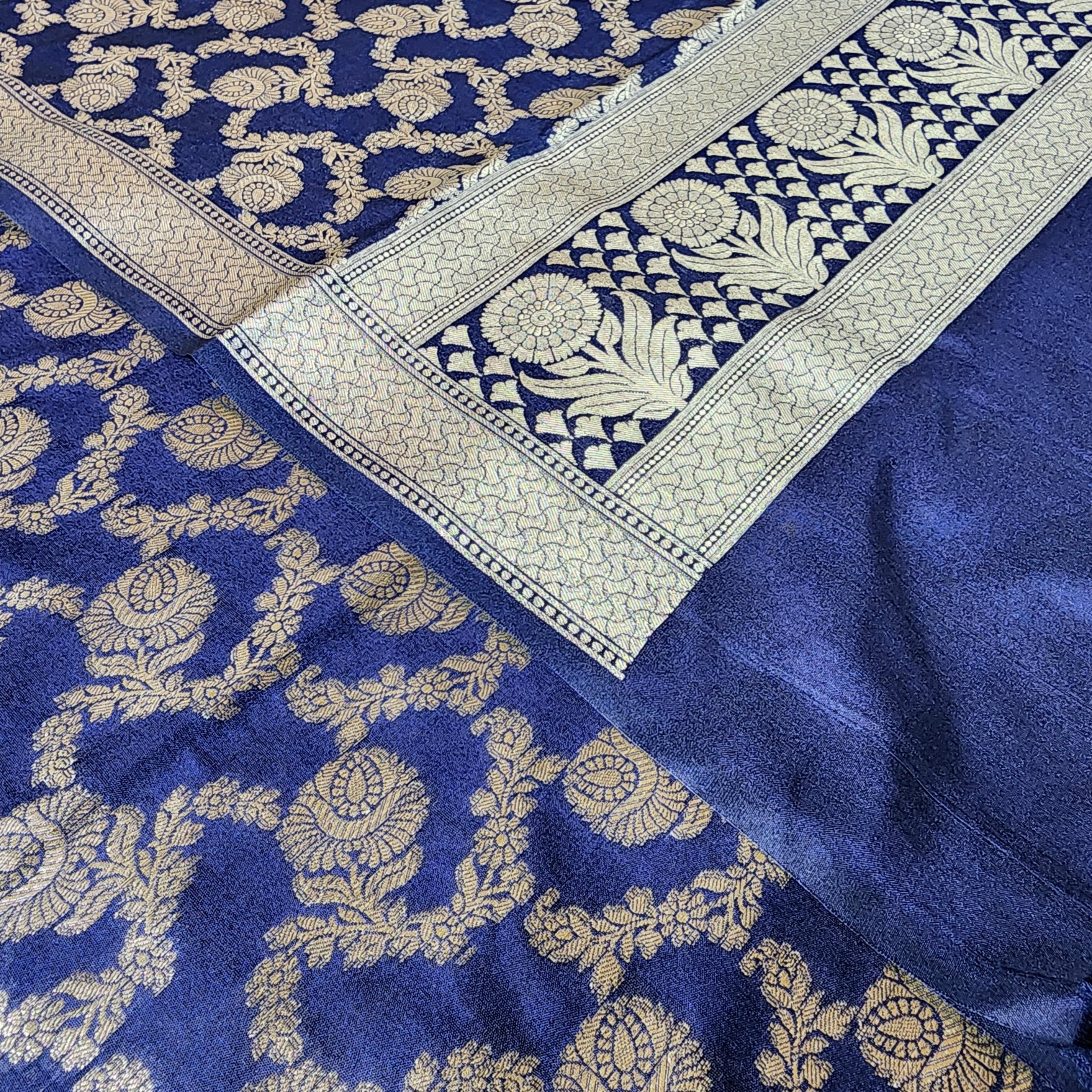 Navy Blue Banarasi Dupatta Golden Floral Zari, Royal Heritage Look
