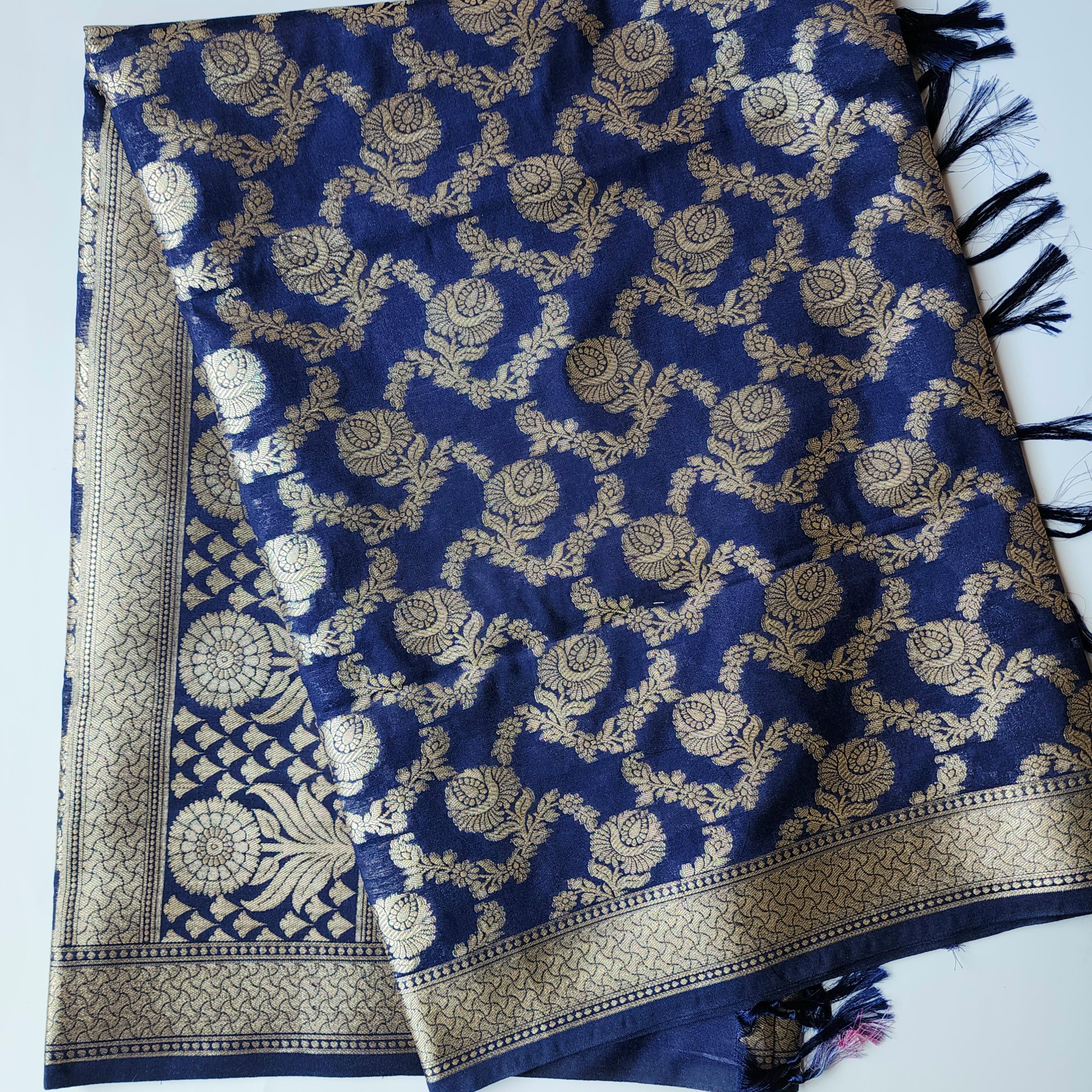 Navy Blue Banarasi Dupatta Golden Floral Zari, Royal Heritage Look
