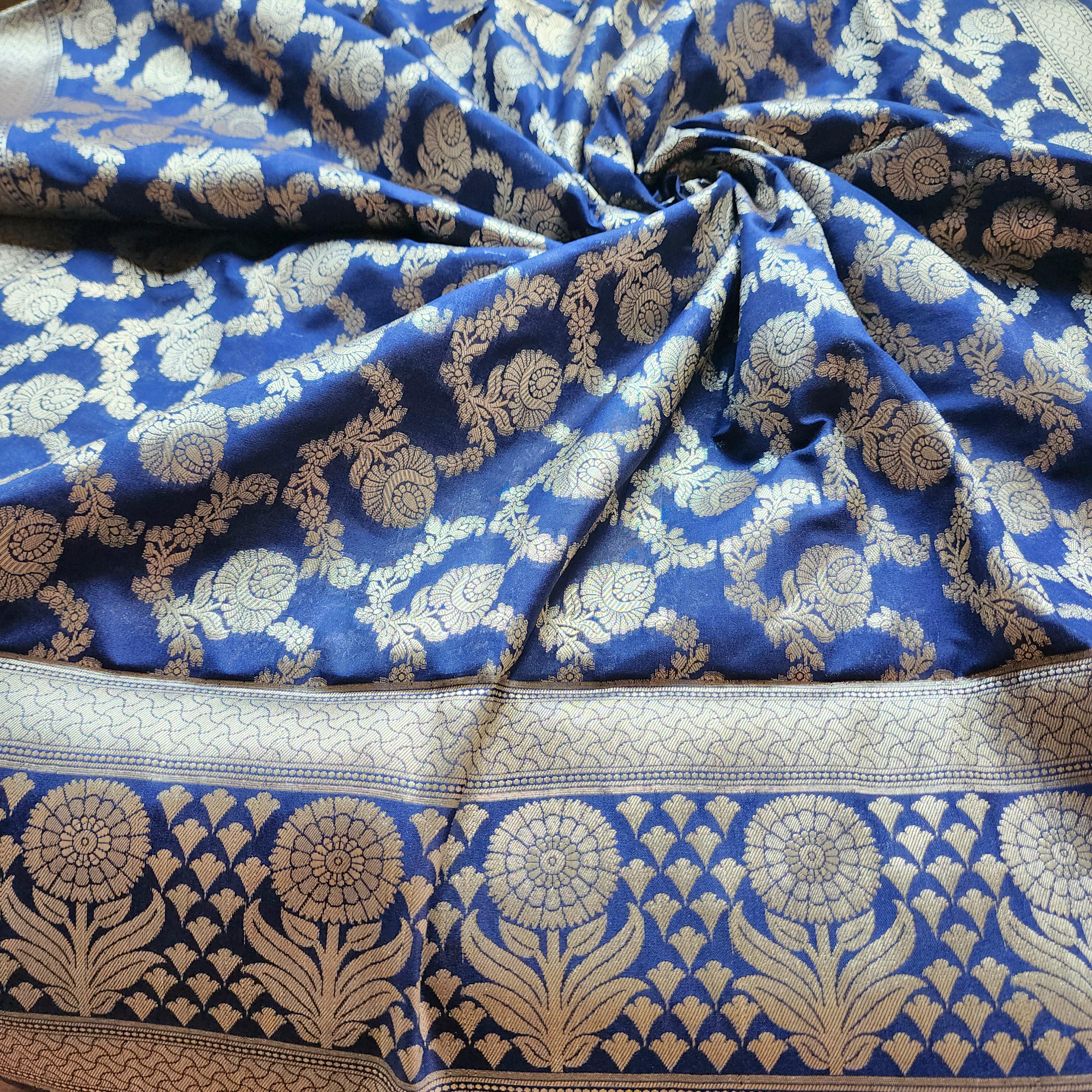Navy Blue Banarasi Dupatta Golden Floral Zari, Royal Heritage Look