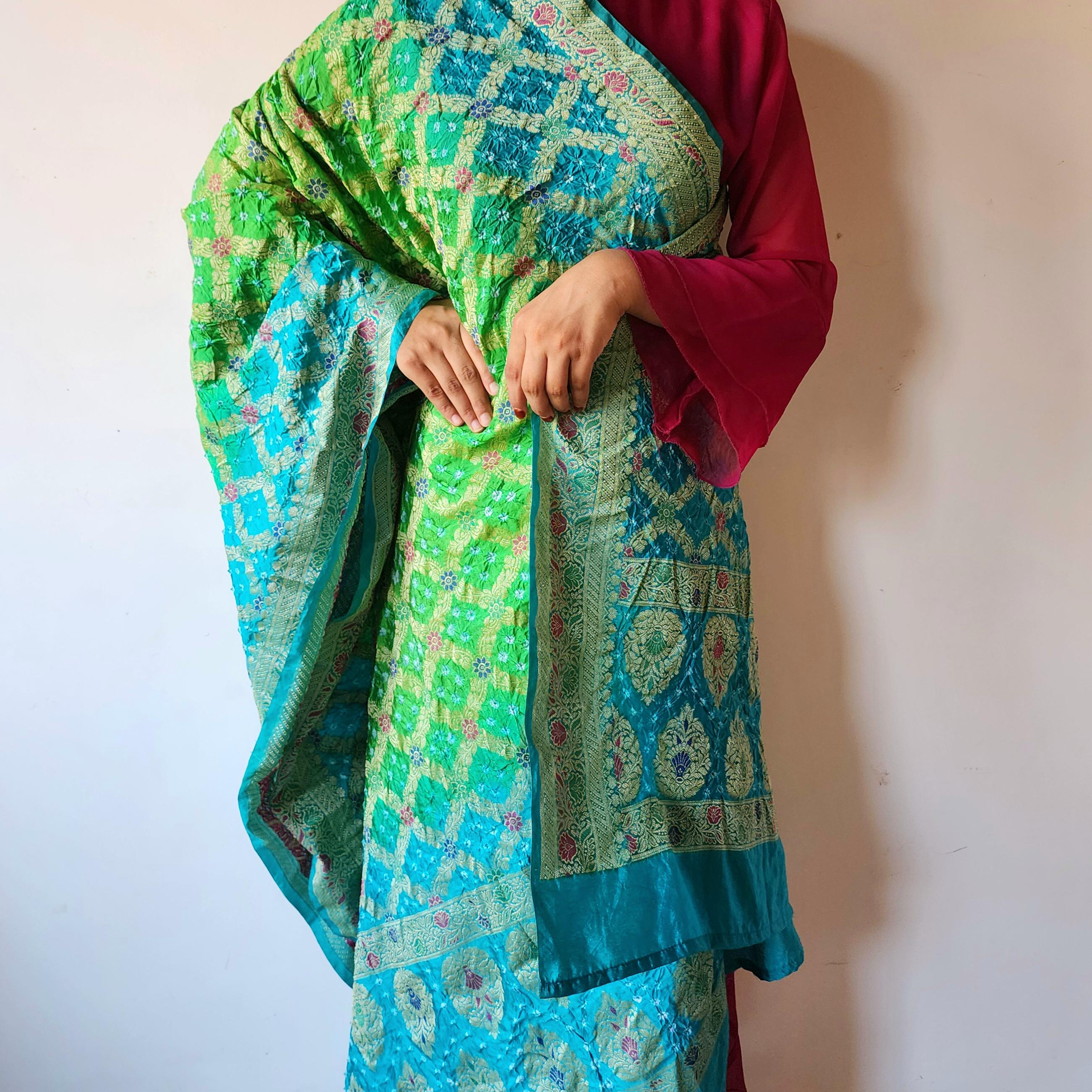 Aqua Blue And Green Bandhni Dupatta with Golden Border & Banarasi Meenakari Work