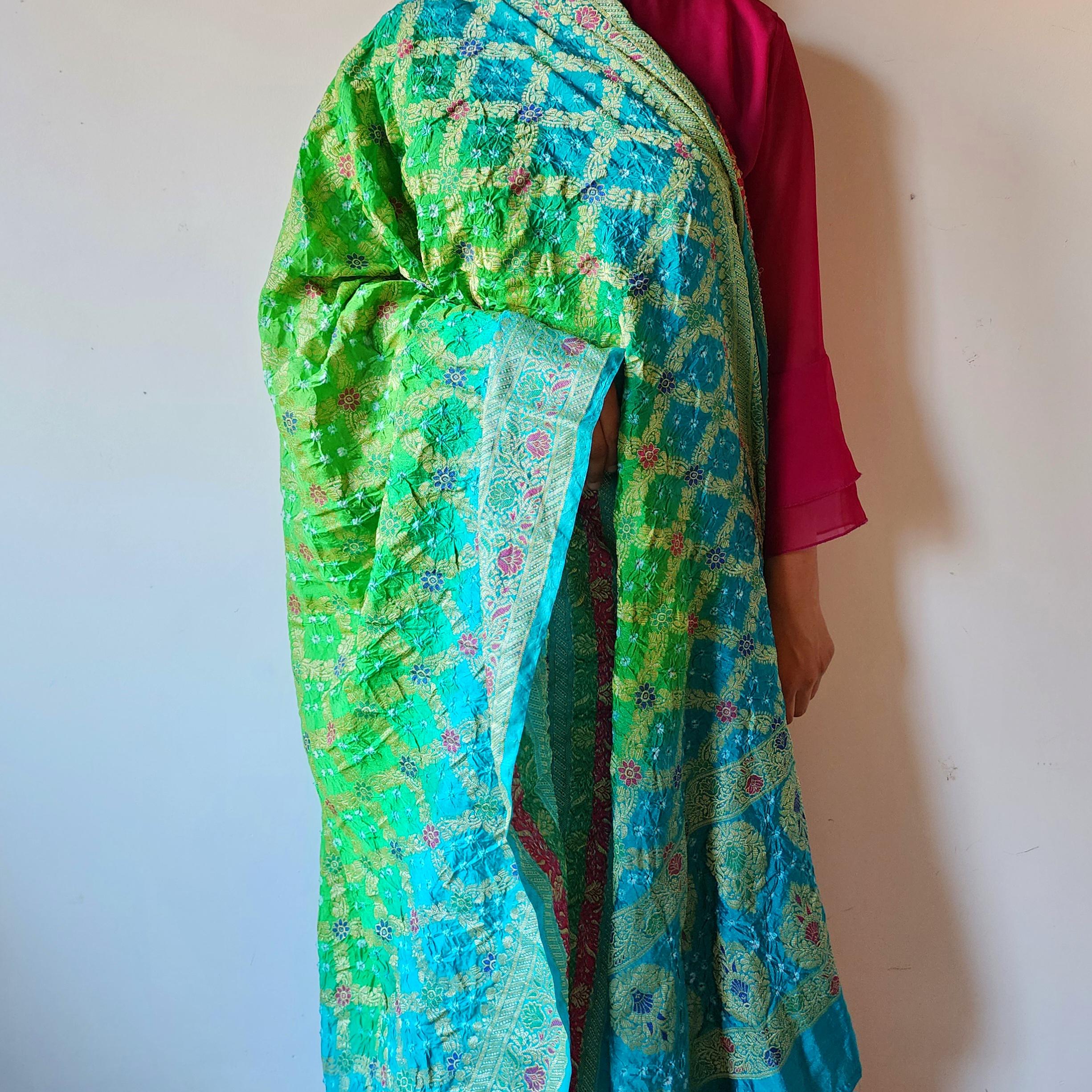 Aqua Blue And Green Bandhni Dupatta with Golden Border & Banarasi Meenakari Work