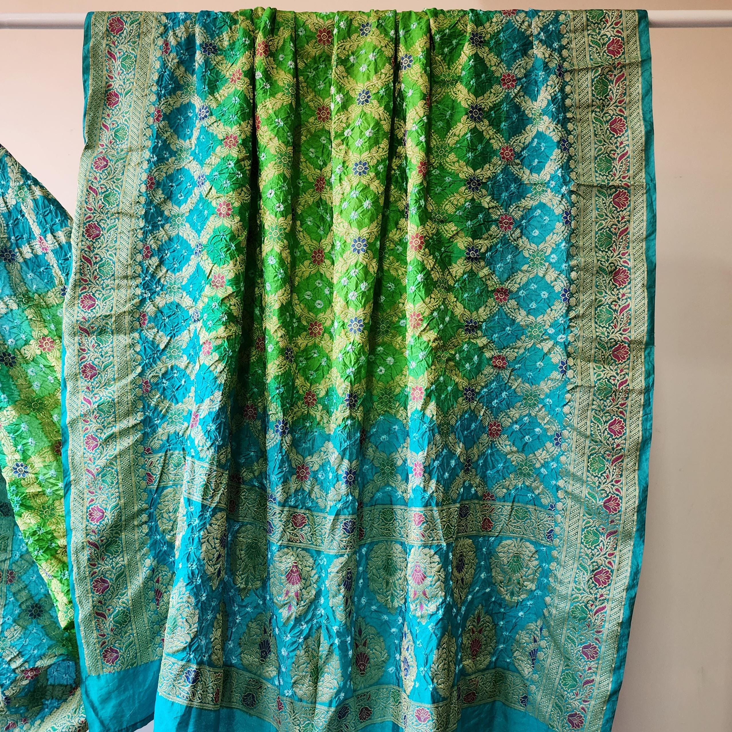 Aqua Blue And Green Bandhni Dupatta with Golden Border & Banarasi Meenakari Work