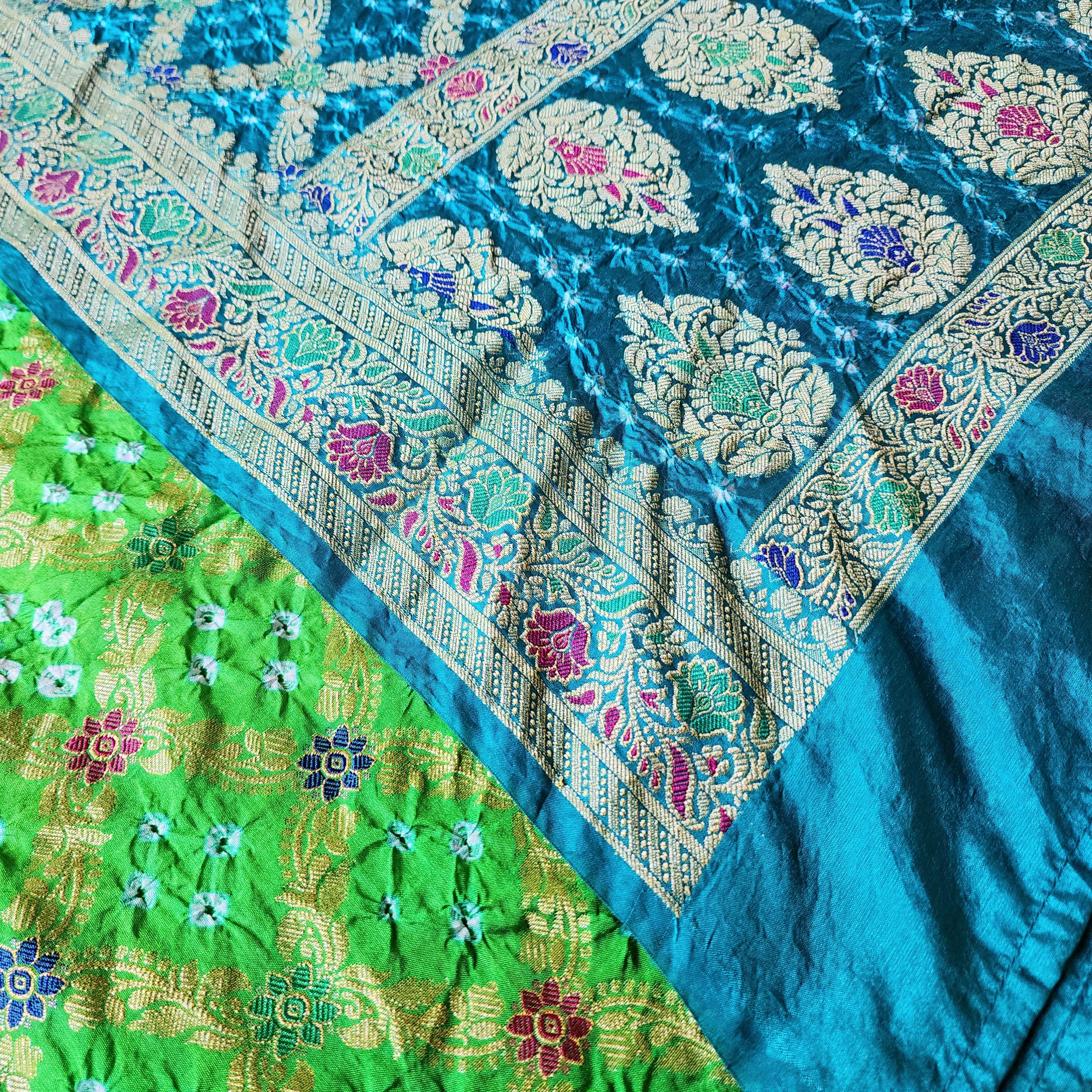Aqua Blue And Green Bandhni Dupatta with Golden Border & Banarasi Meenakari Work