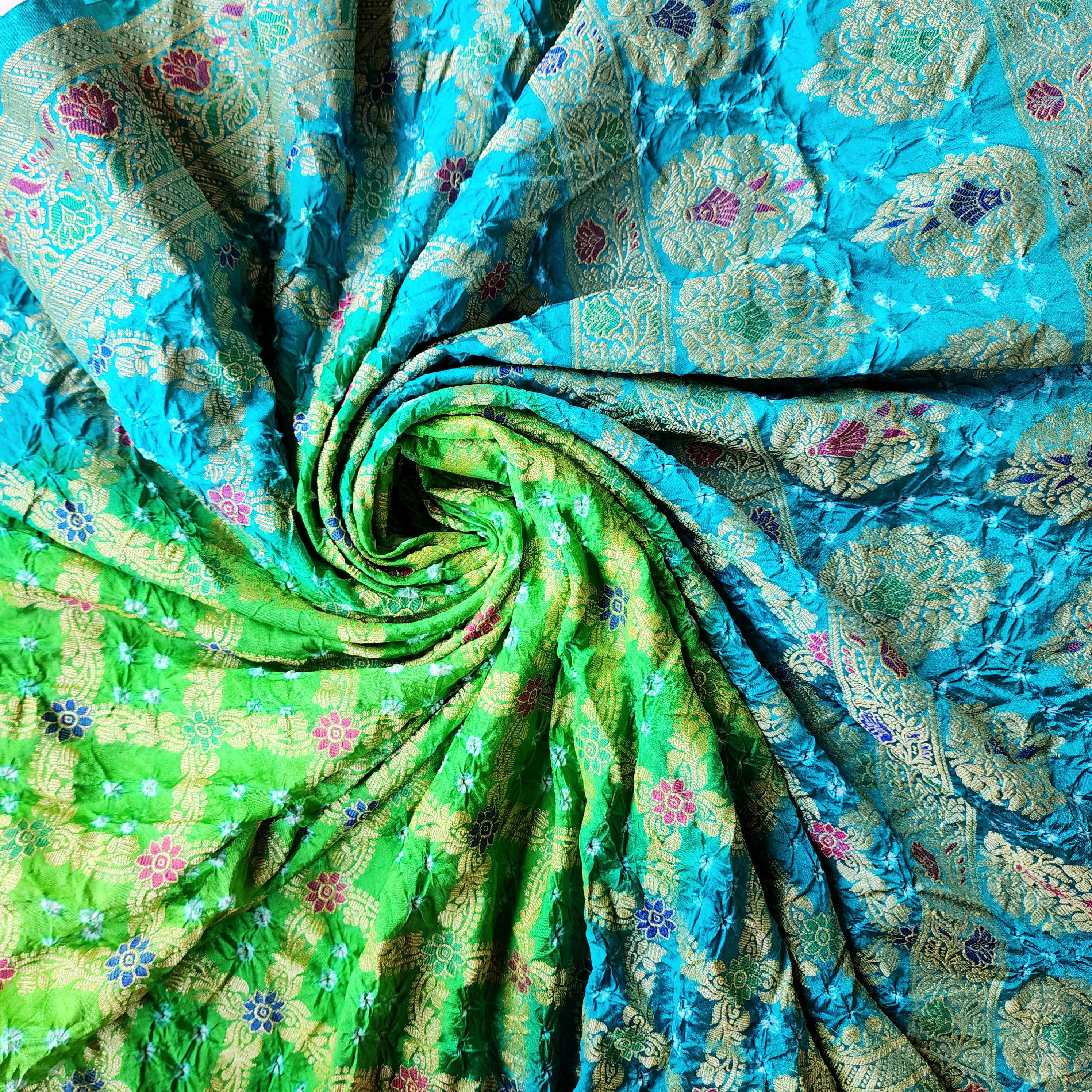 Aqua Blue And Green Bandhni Dupatta with Golden Border & Banarasi Meenakari Work