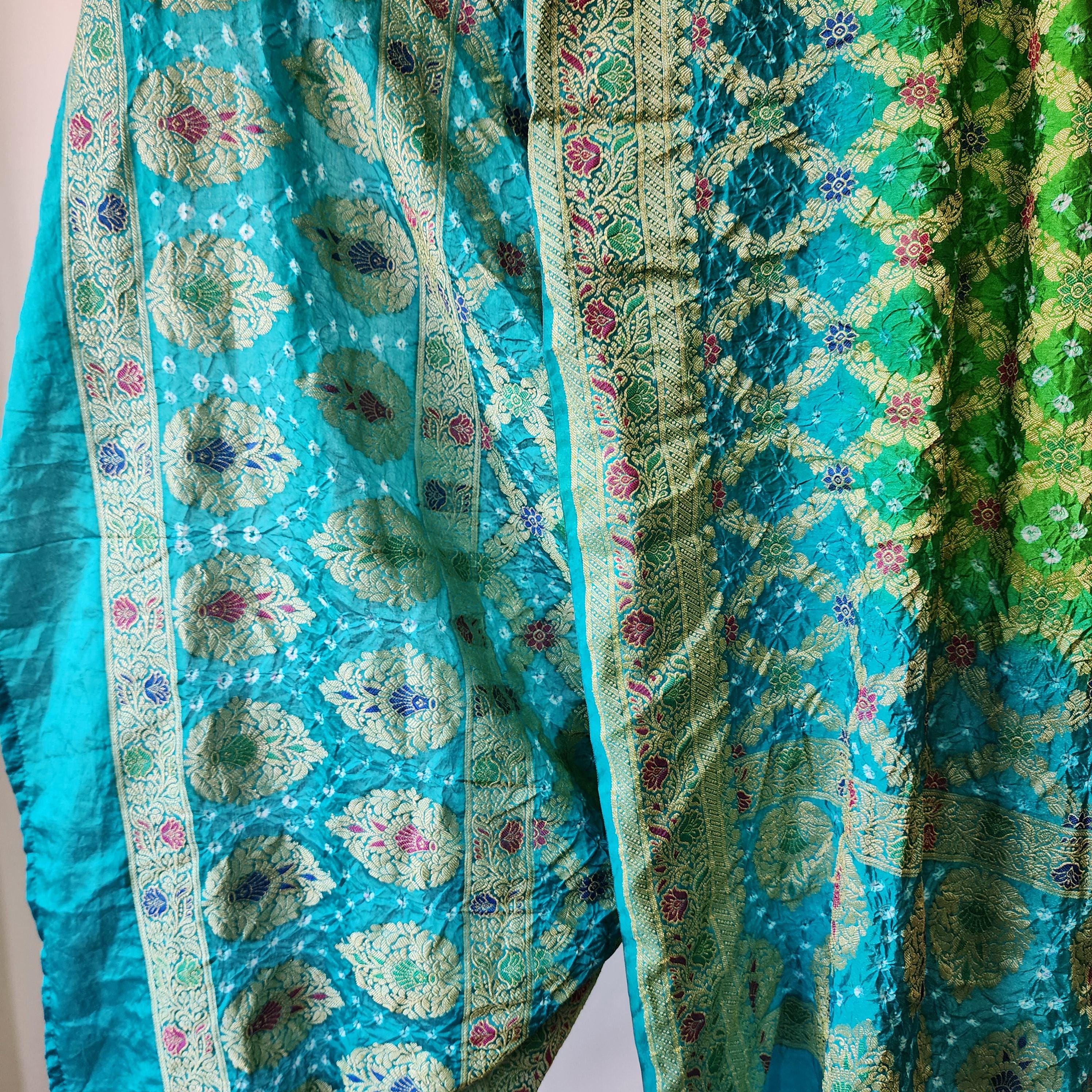 Aqua Blue And Green Bandhni Dupatta with Golden Border & Banarasi Meenakari Work