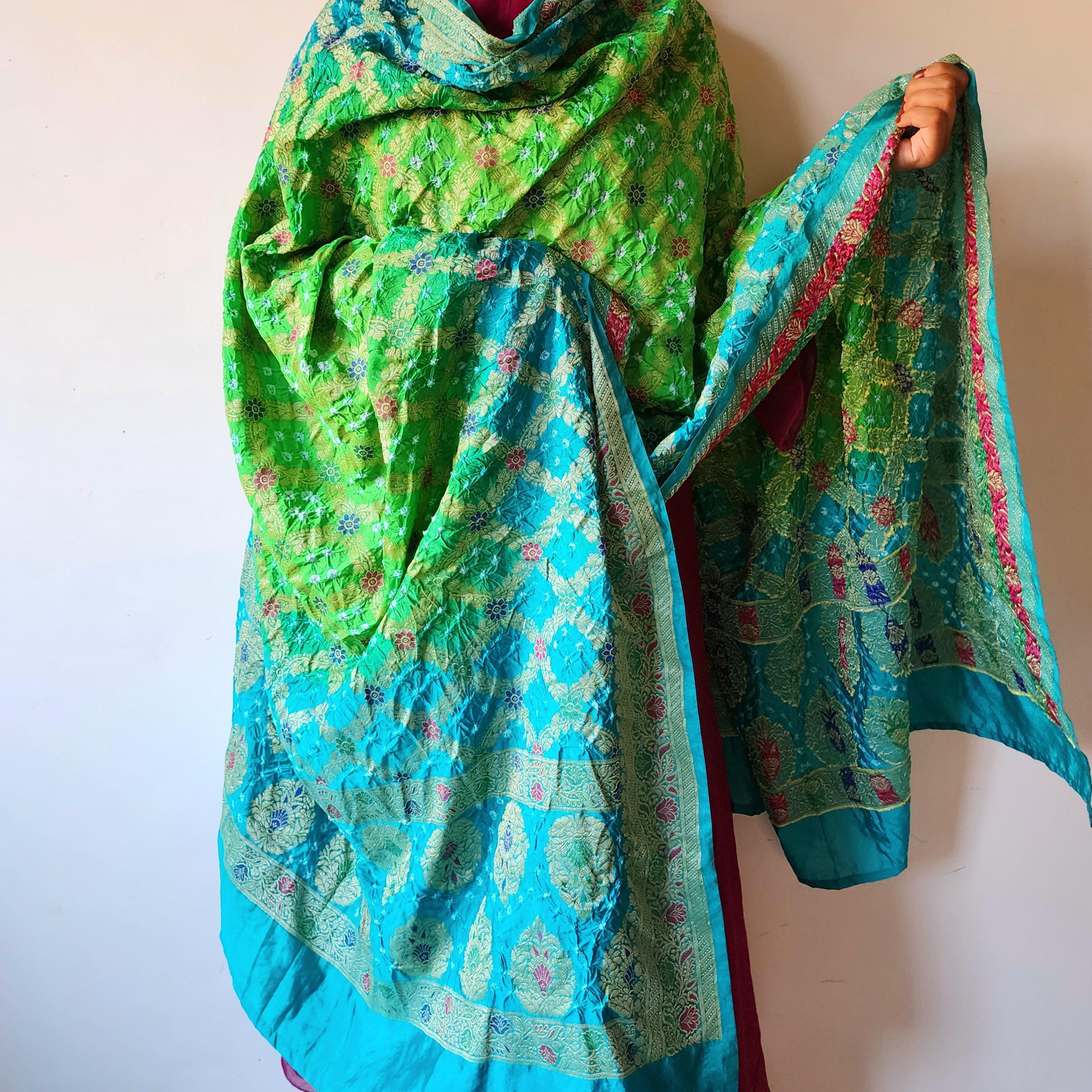 Aqua Blue And Green Bandhni Dupatta with Golden Border & Banarasi Meenakari Work