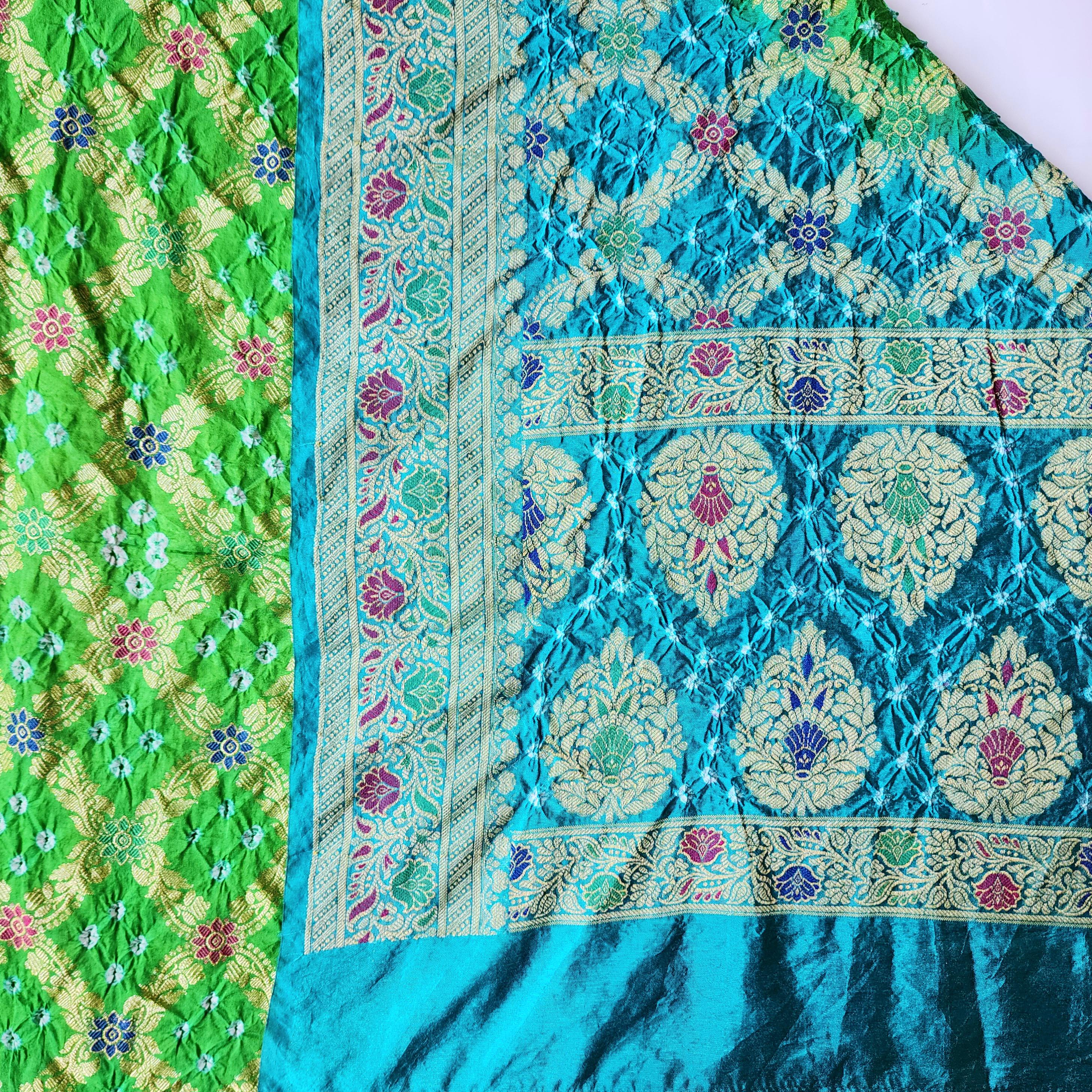Aqua Blue And Green Bandhni Dupatta with Golden Border & Banarasi Meenakari Work