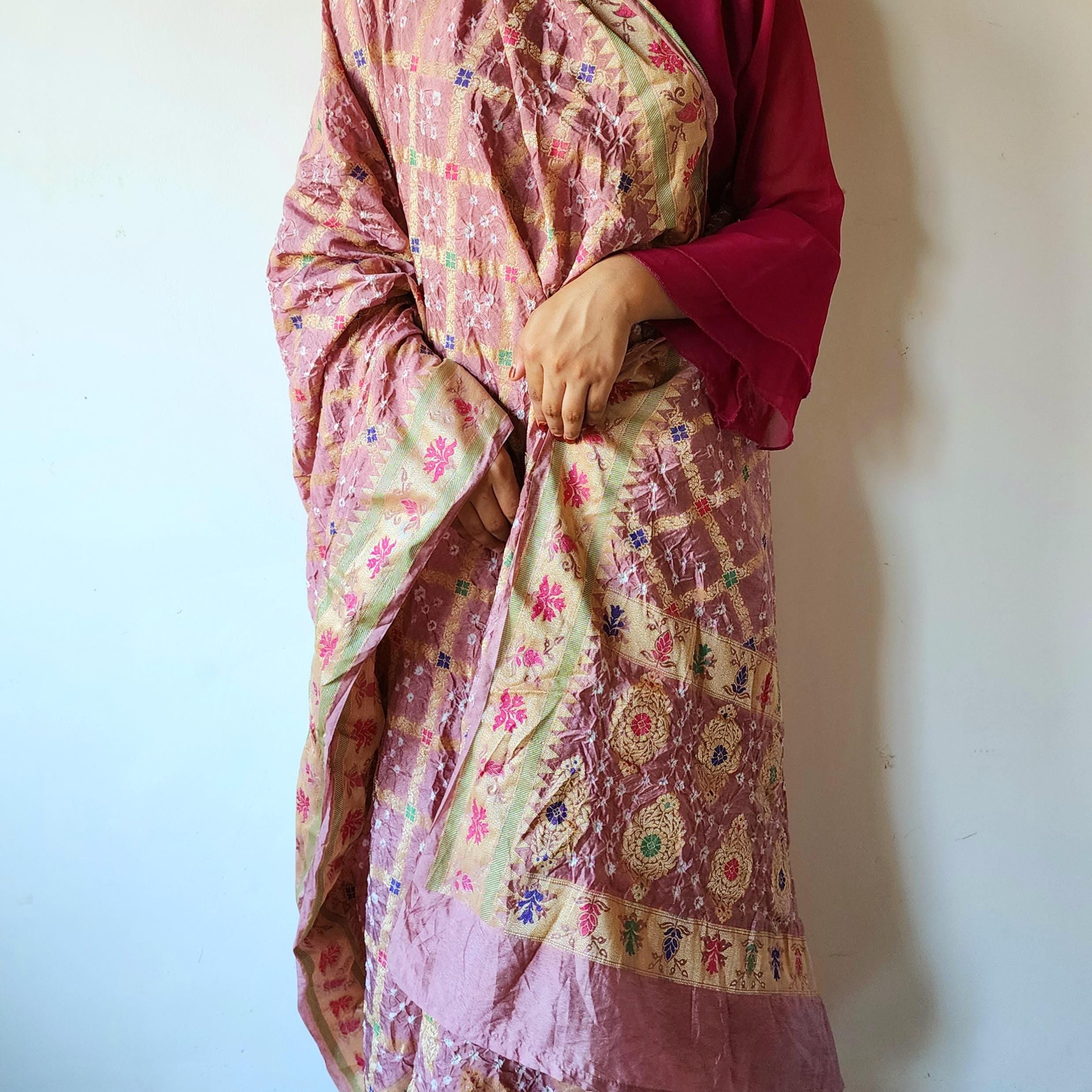 Blush Pink Bandhni Dupatta with Golden Border & Banarasi Meenakari Weave