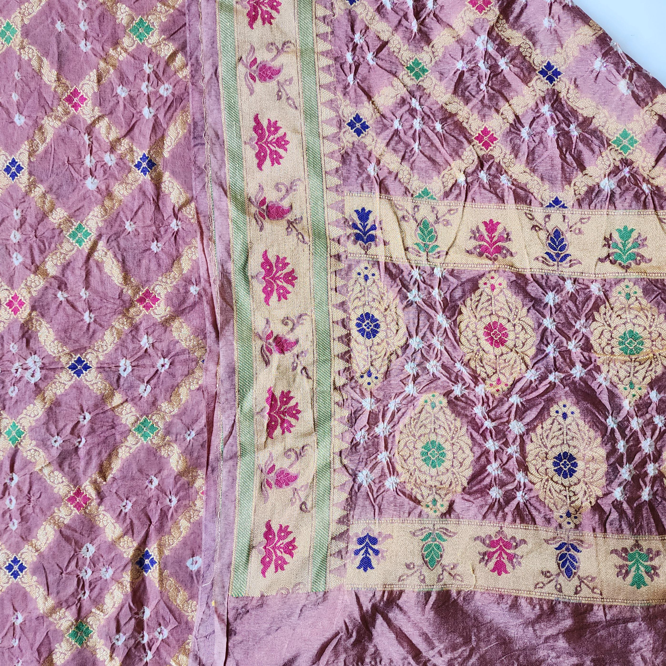 Blush Pink Bandhni Dupatta with Golden Border & Banarasi Meenakari Weave