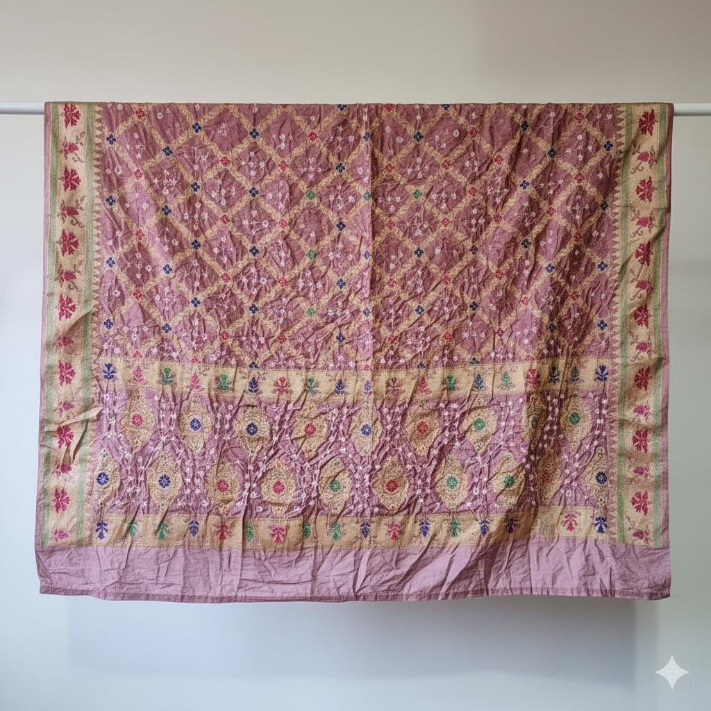 Blush Pink Bandhni Dupatta with Golden Border & Banarasi Meenakari Weave
