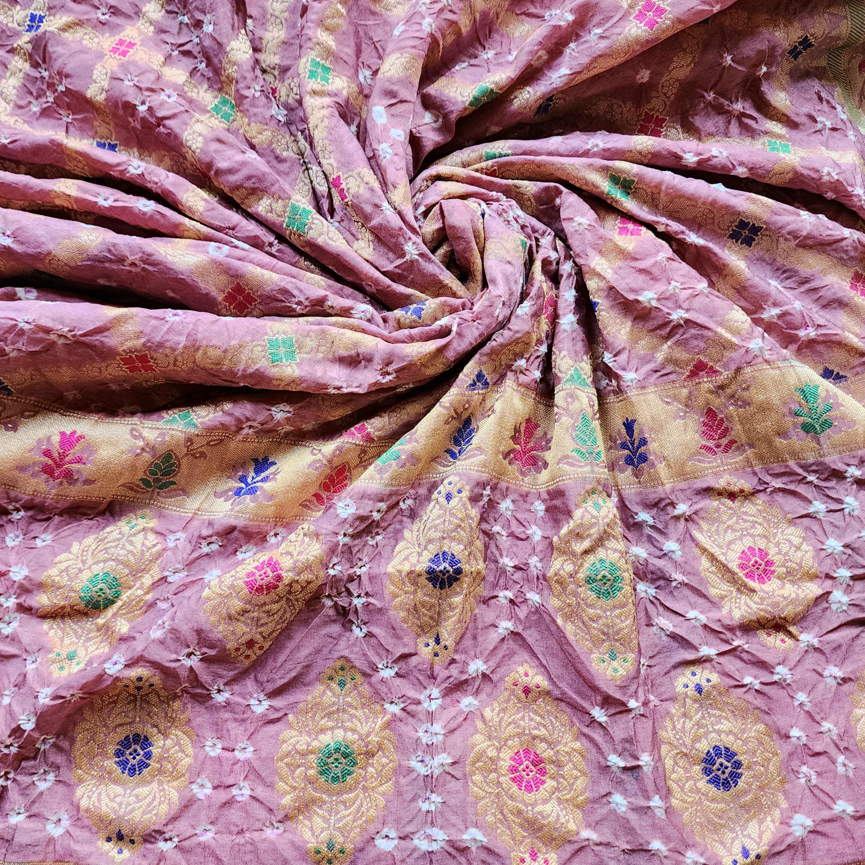 Blush Pink Bandhni Dupatta with Golden Border & Banarasi Meenakari Weave