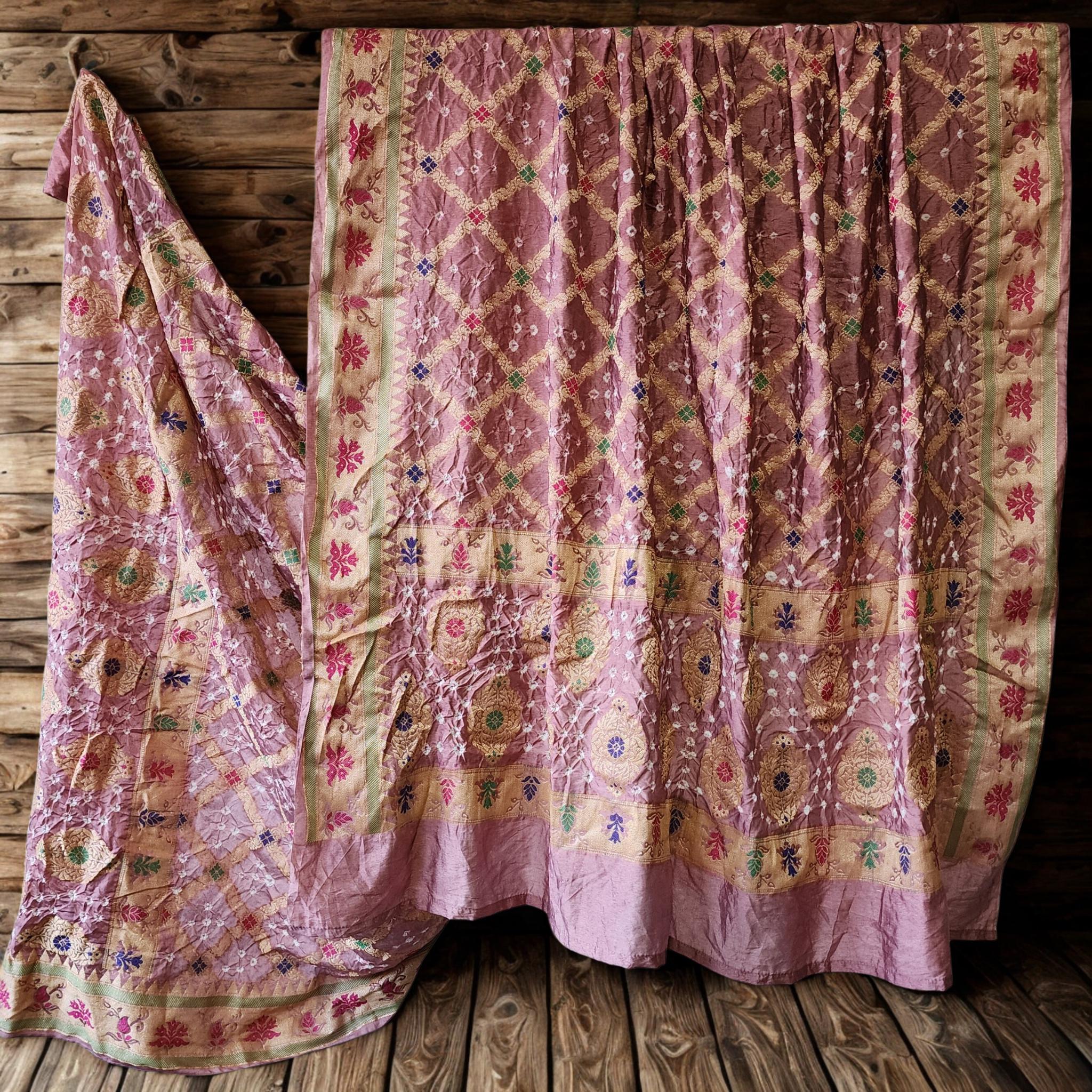Blush Pink Bandhni Dupatta with Golden Border & Banarasi Meenakari Weave