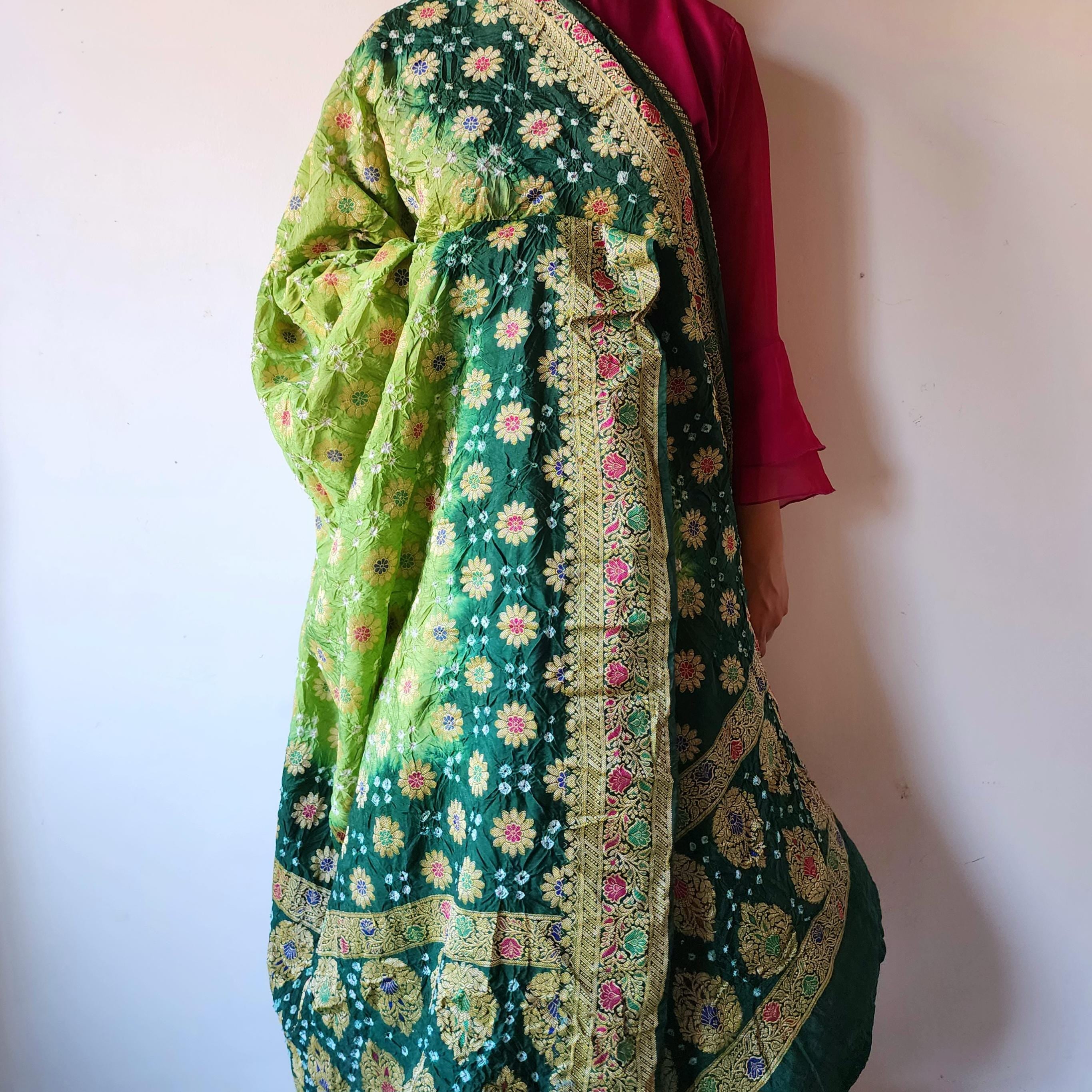 Dual-Tone Green Bandhni Dupatta with Golden Border & Banarasi Meenakari Work
