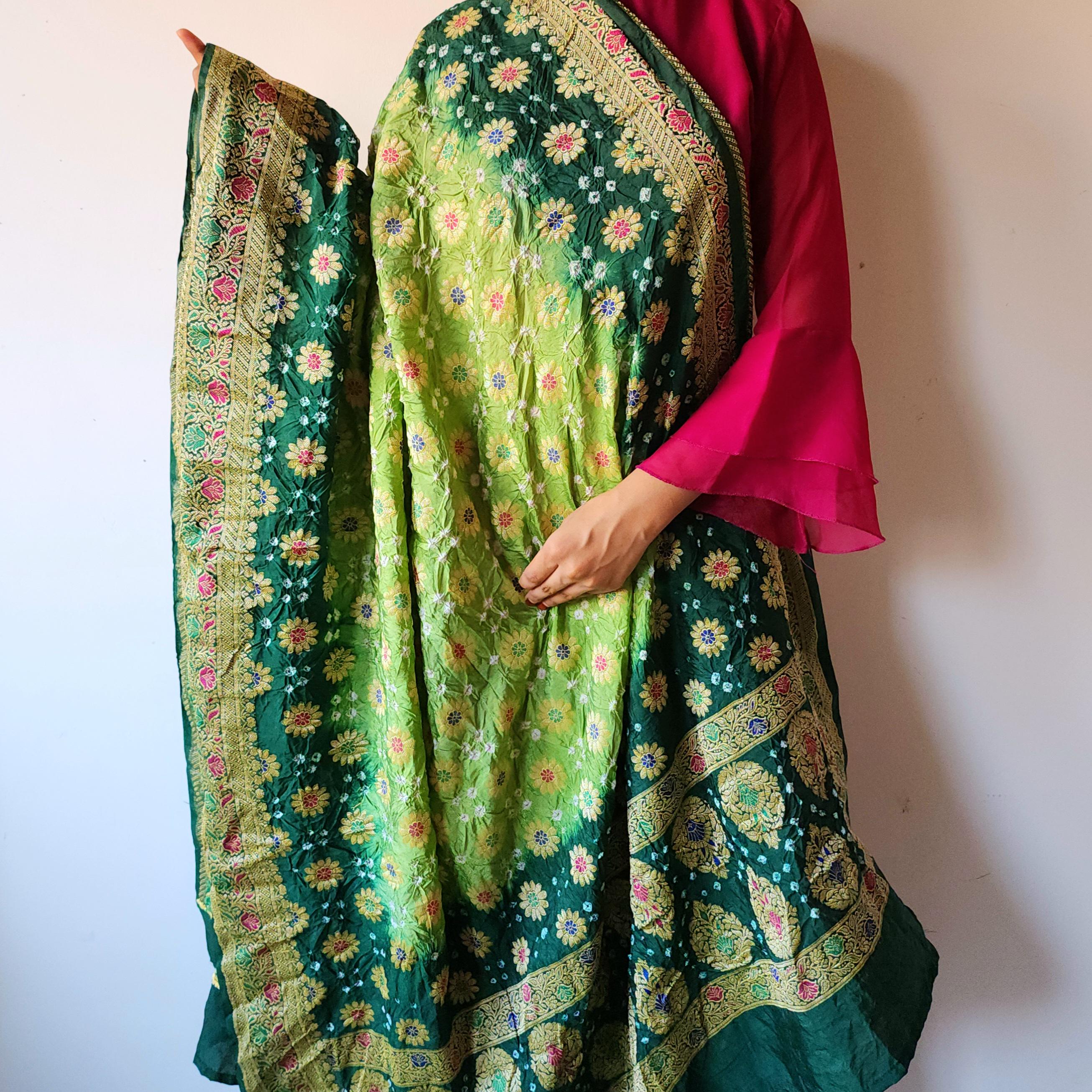 Dual-Tone Green Bandhni Dupatta with Golden Border & Banarasi Meenakari Work