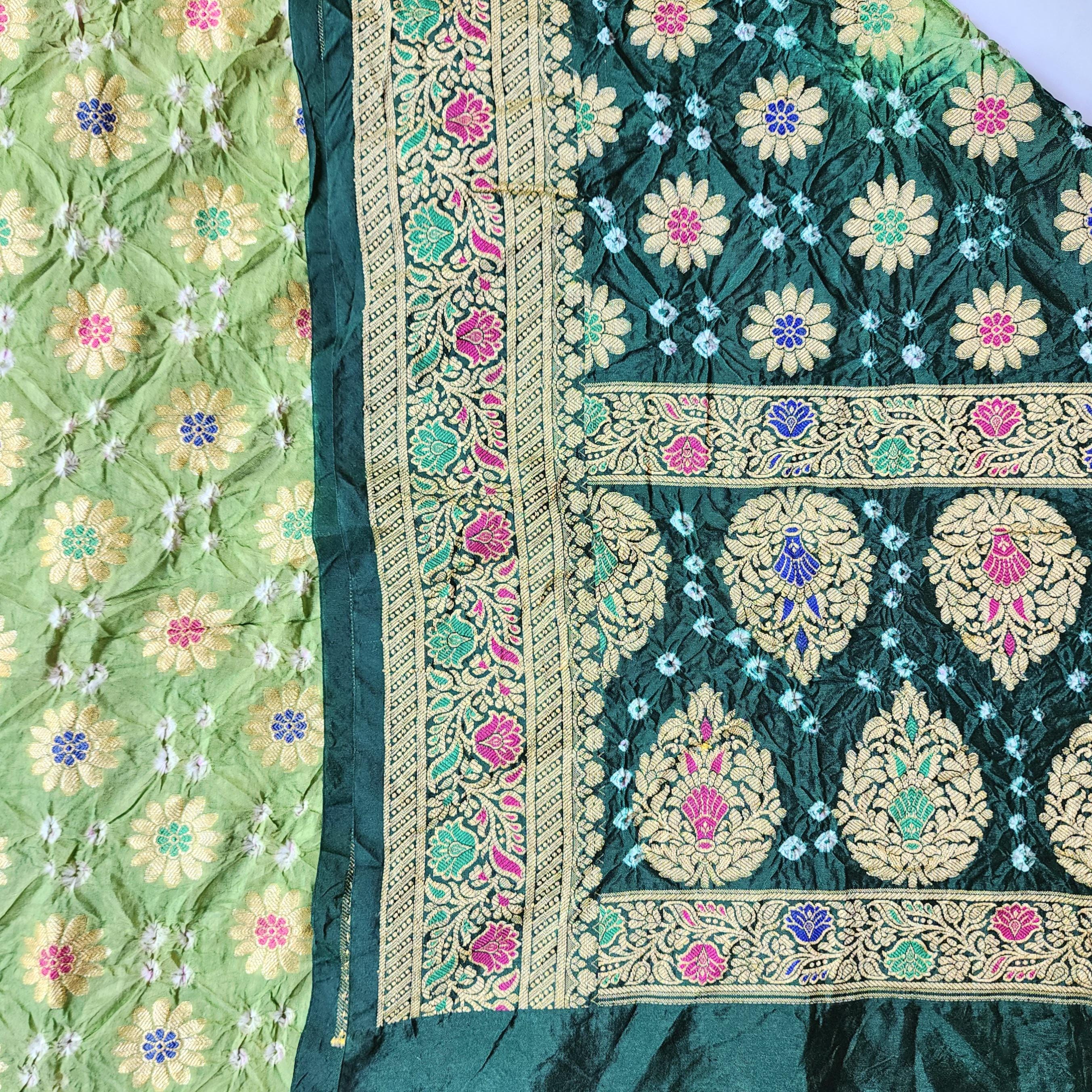 Dual-Tone Green Bandhni Dupatta with Golden Border & Banarasi Meenakari Work