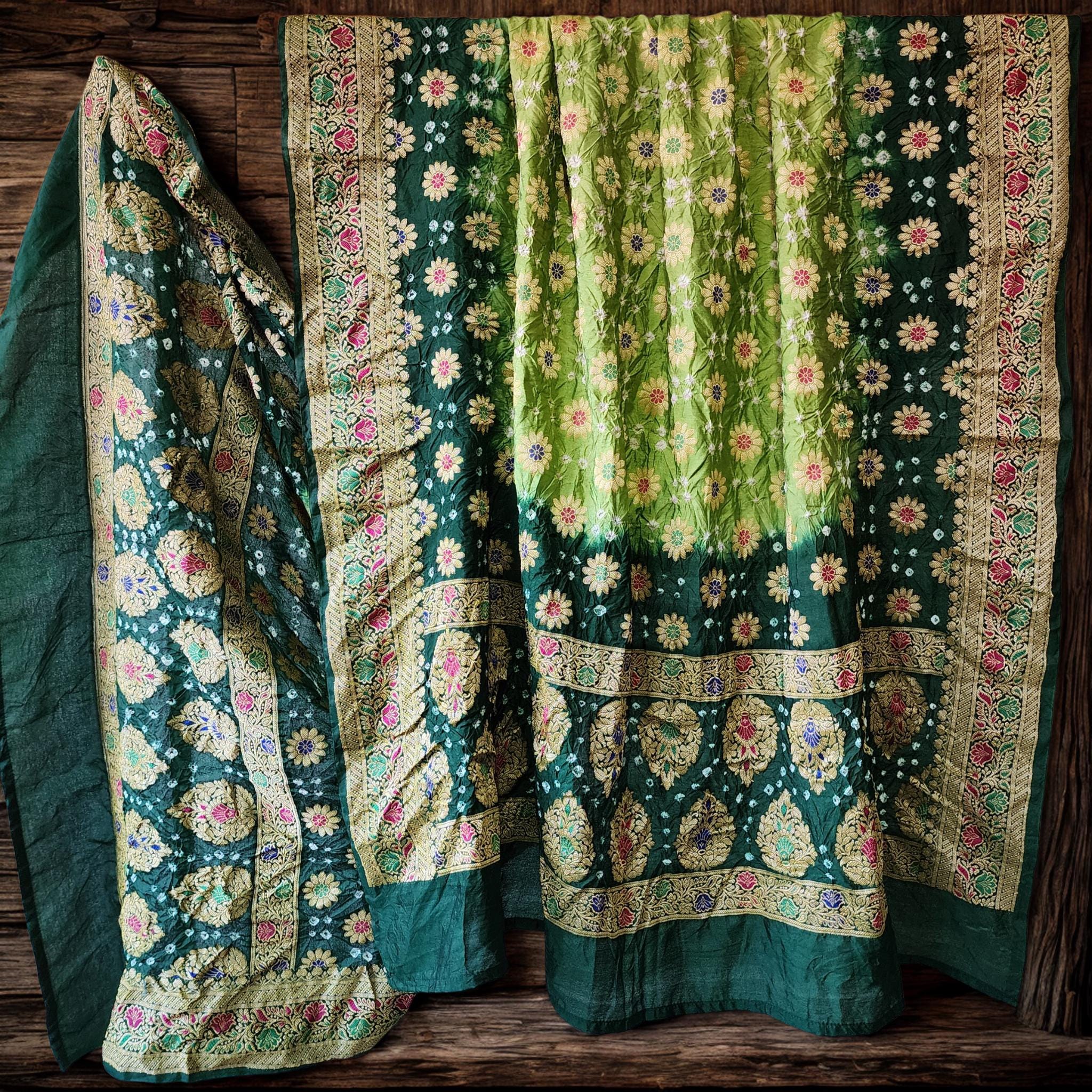 Dual-Tone Green Bandhni Dupatta with Golden Border & Banarasi Meenakari Work