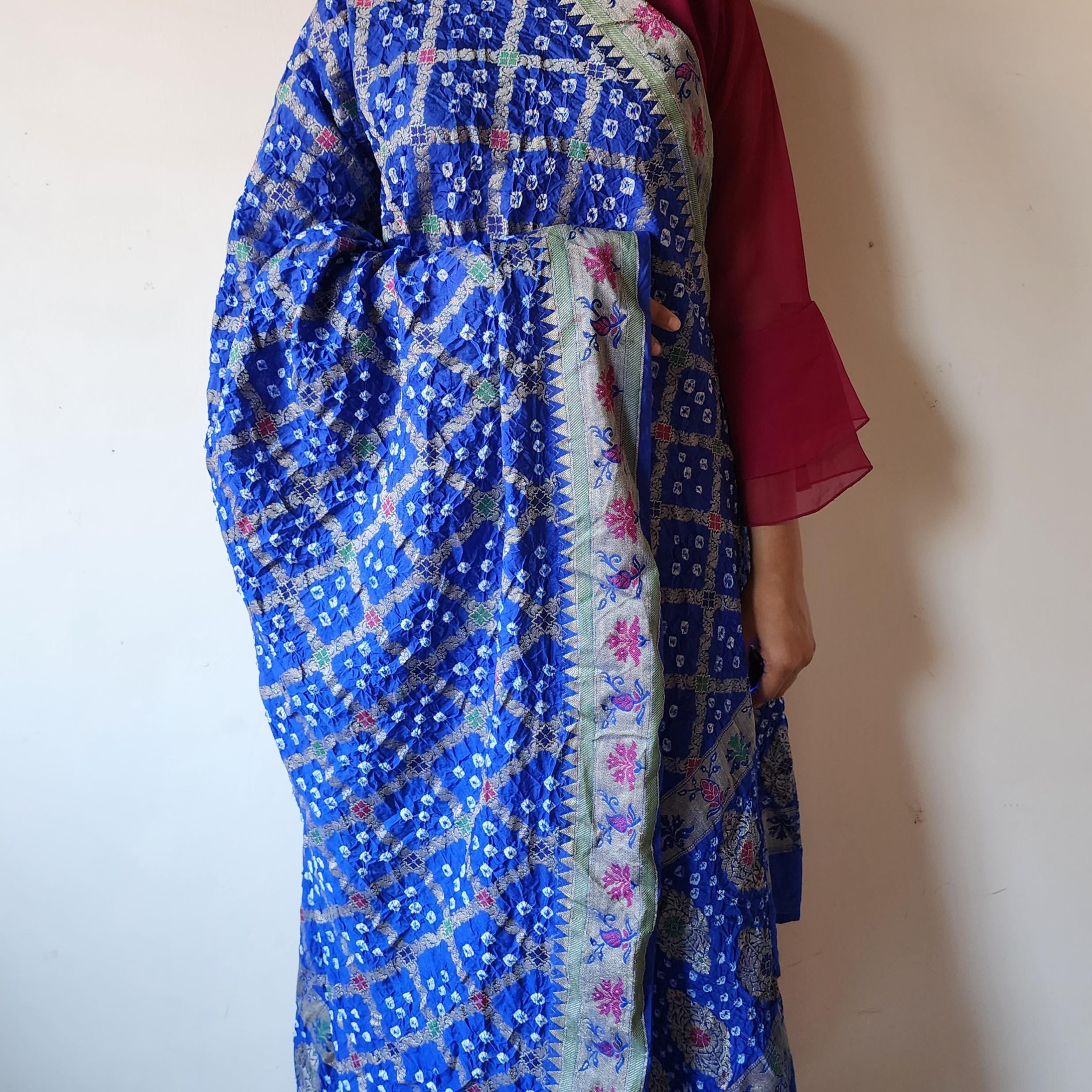 Royal Blue Bandhni Dupatta with Golden Border & Banarasi Meenakari Detailing