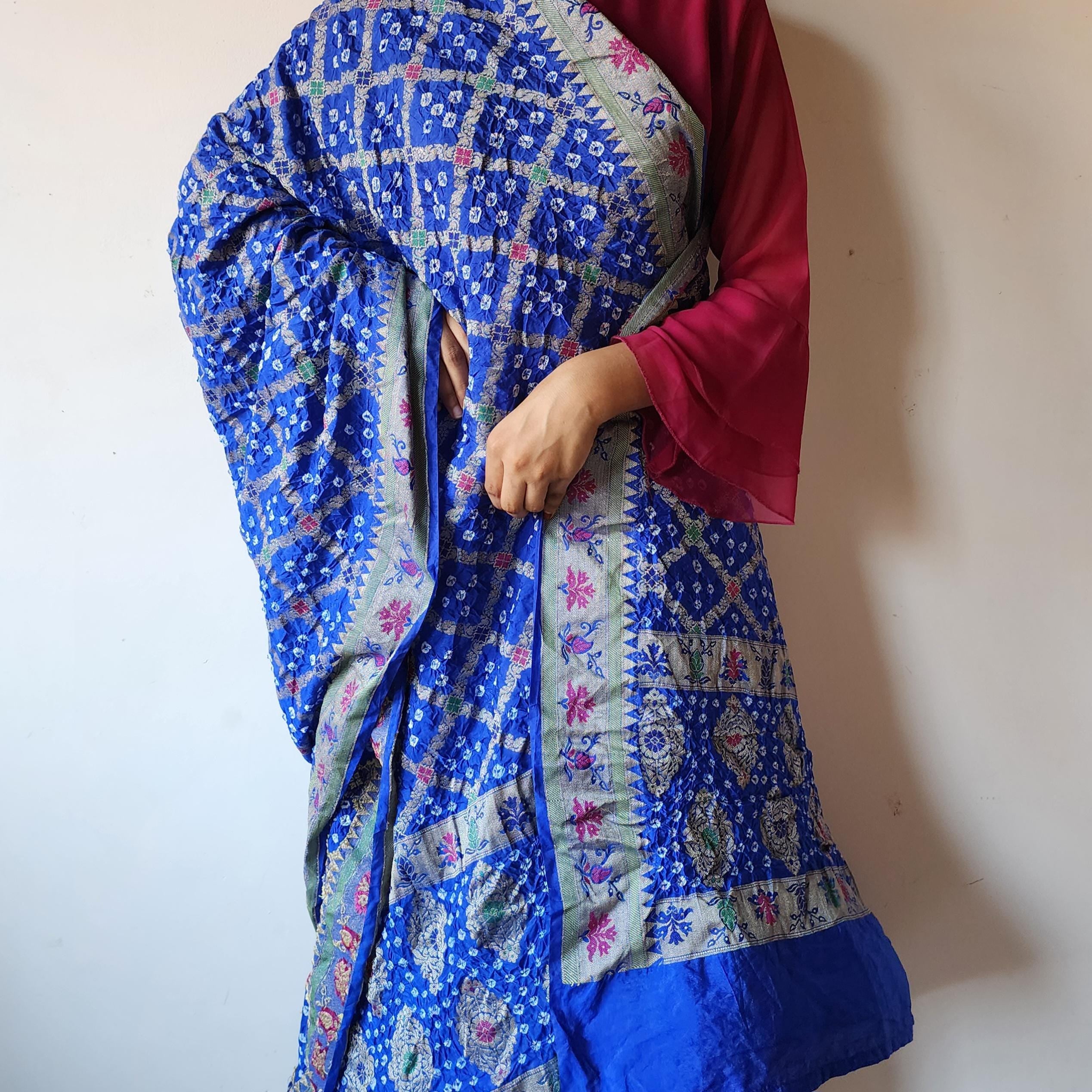 Royal Blue Bandhni Dupatta with Golden Border & Banarasi Meenakari Detailing
