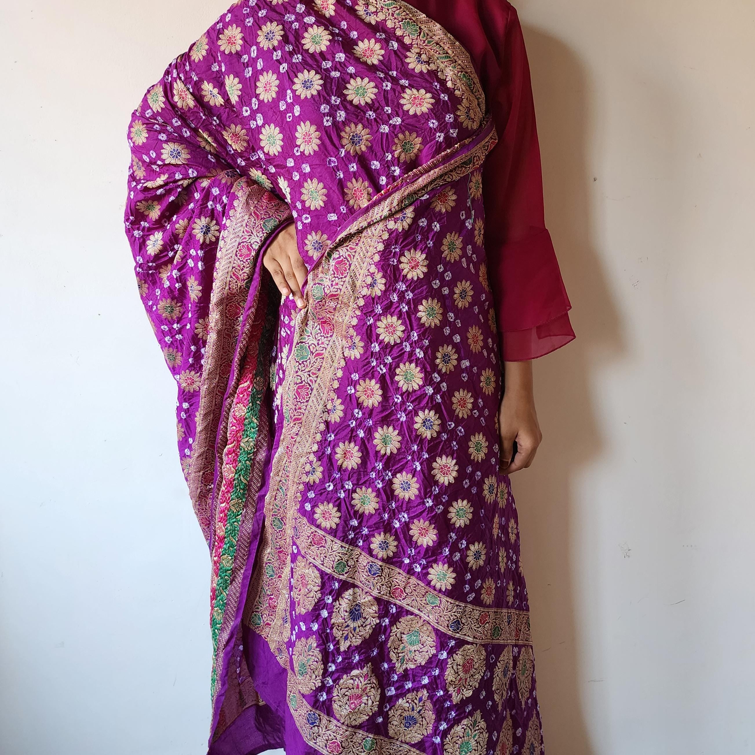 Royal Purple Bandhni Dupatta with Golden Zari Border & Banarasi Meenakari Motifs