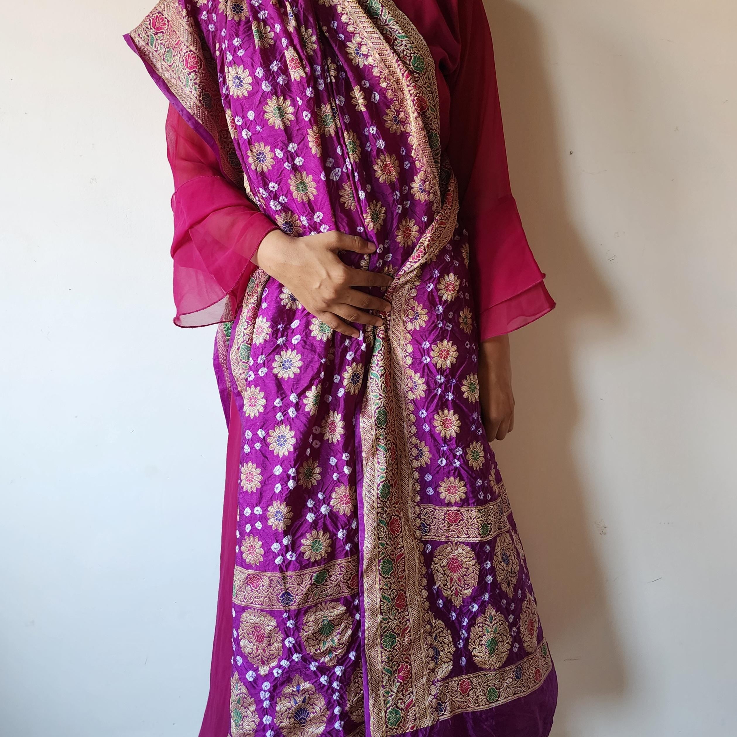 Royal Purple Bandhni Dupatta with Golden Zari Border & Banarasi Meenakari Motifs