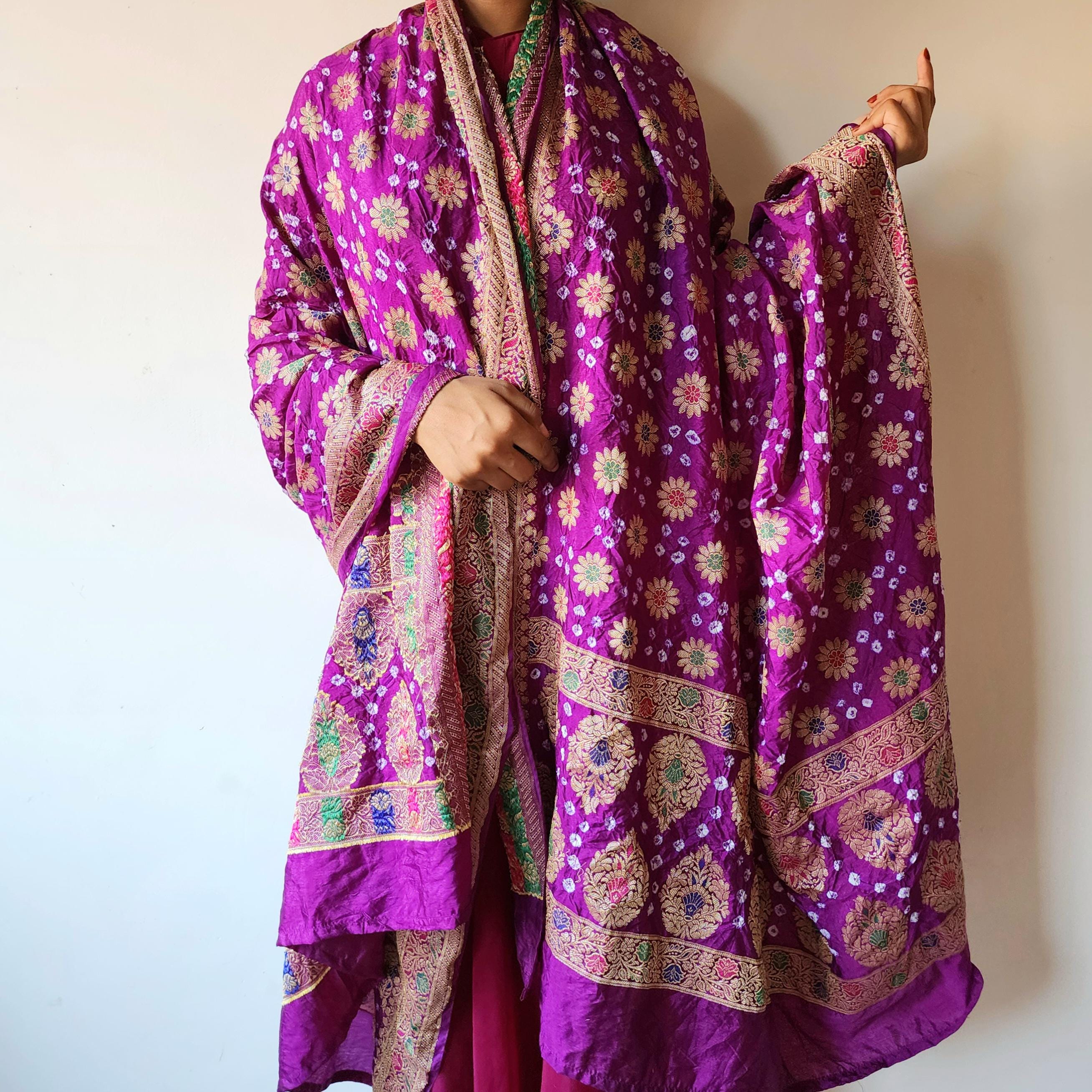 Royal Purple Bandhni Dupatta with Golden Zari Border & Banarasi Meenakari Motifs